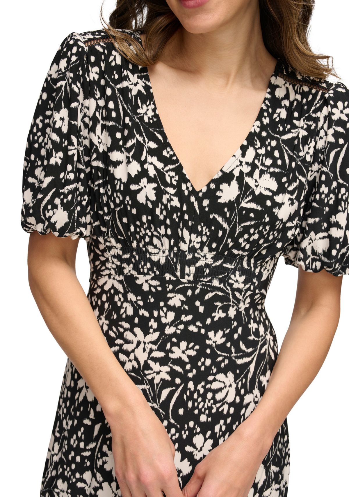 Womens Puff Sleeve V-Neck Floral Fit and Flare Dress