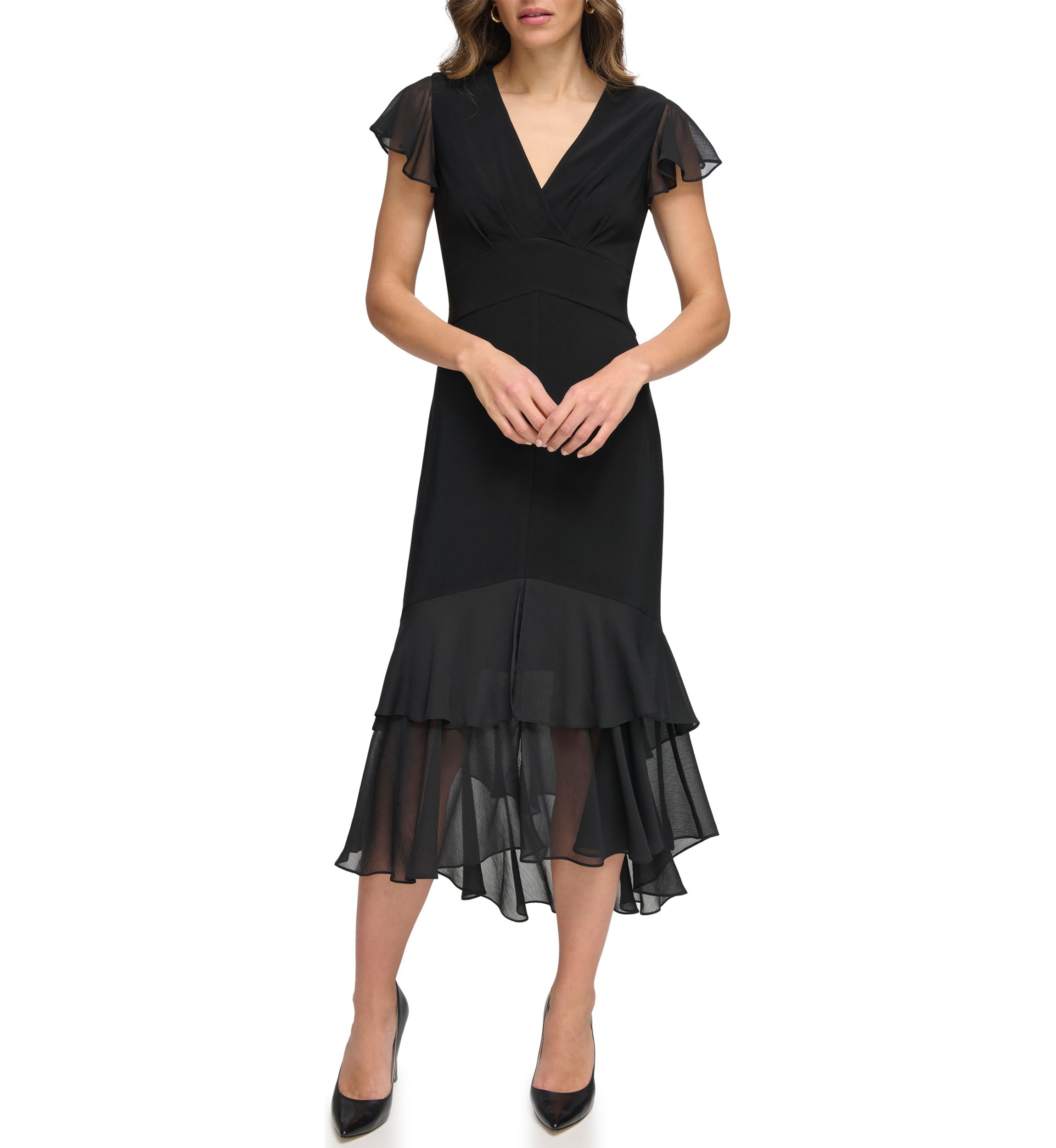 Womens Flutter Sleeve Solid A-Line Dress