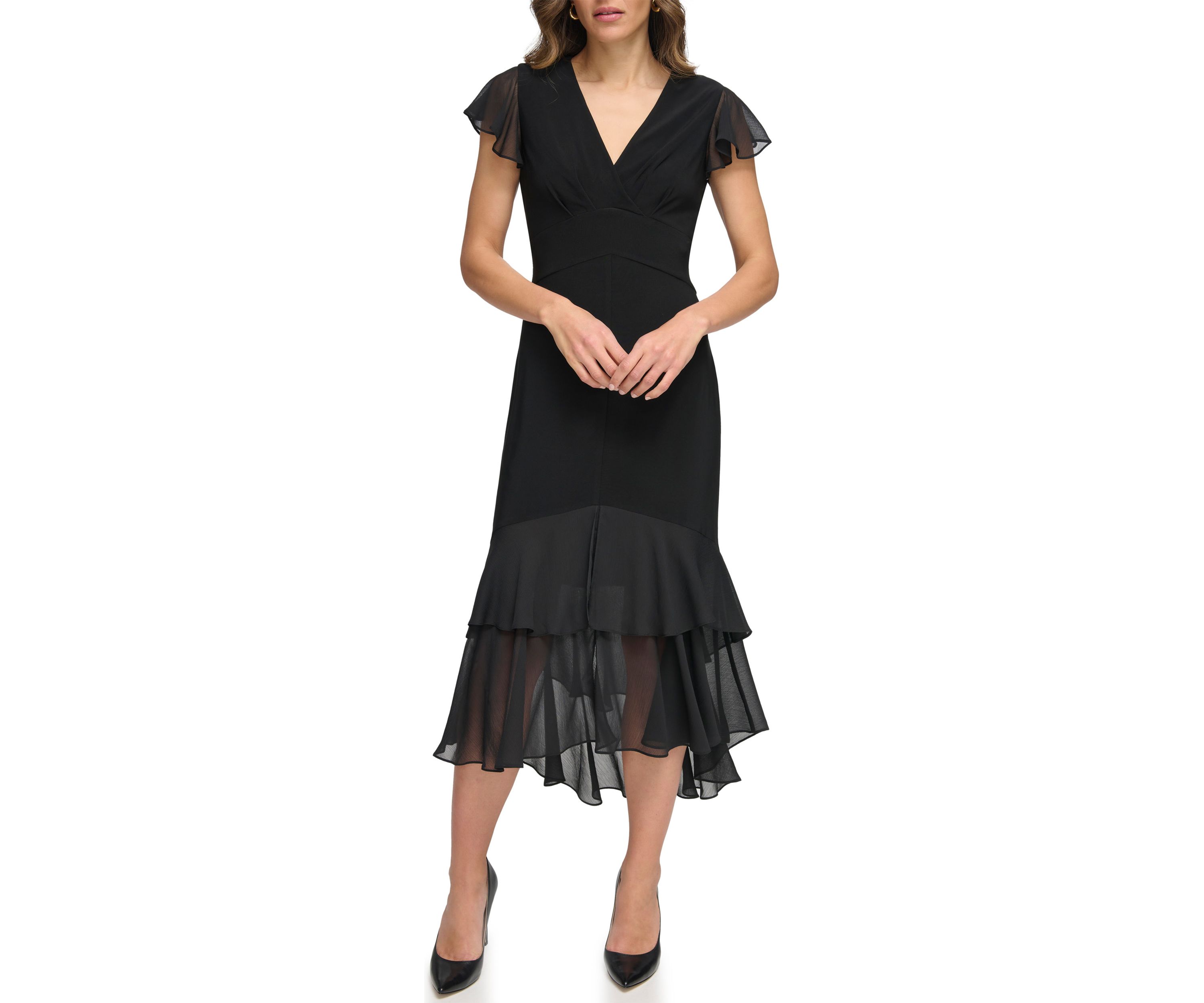 Womens Flutter Sleeve Solid A-Line Dress