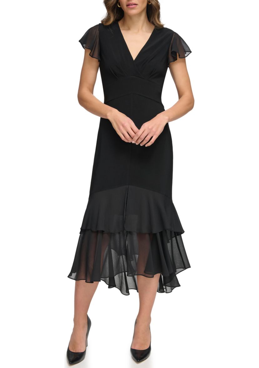Womens Flutter Sleeve Solid A-Line Dress