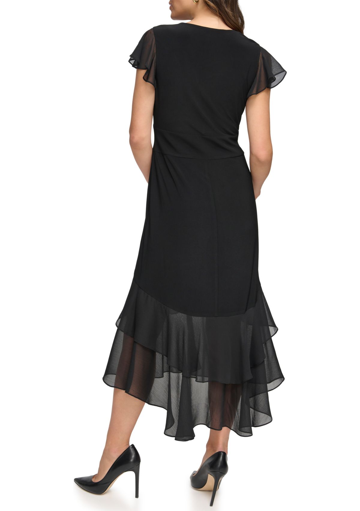 Womens Flutter Sleeve Solid A-Line Dress