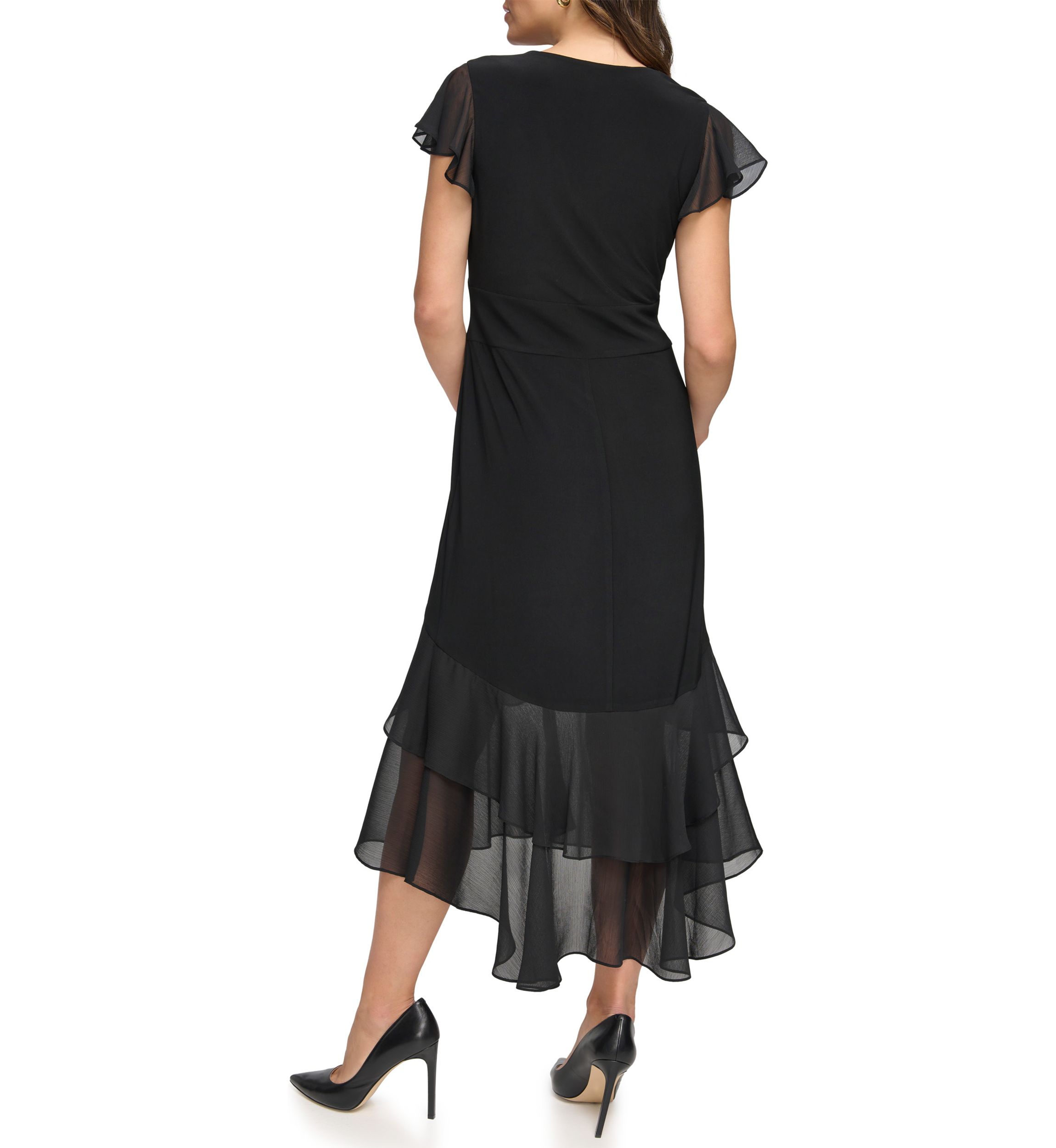Womens Flutter Sleeve Solid A-Line Dress