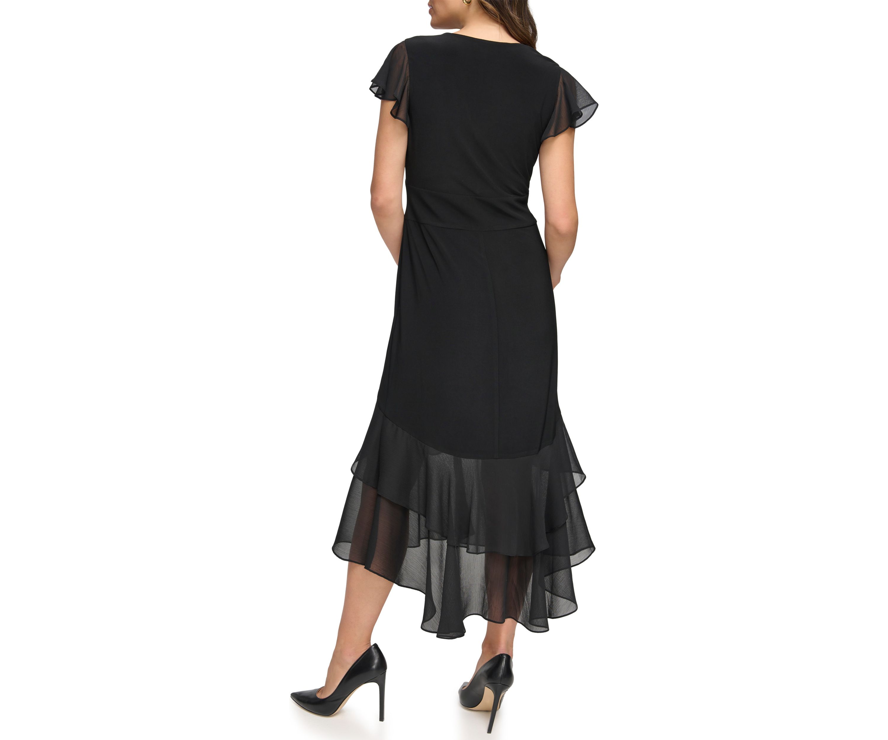 Womens Flutter Sleeve Solid A-Line Dress