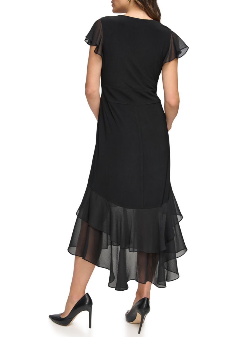 Womens Flutter Sleeve Solid A-Line Dress