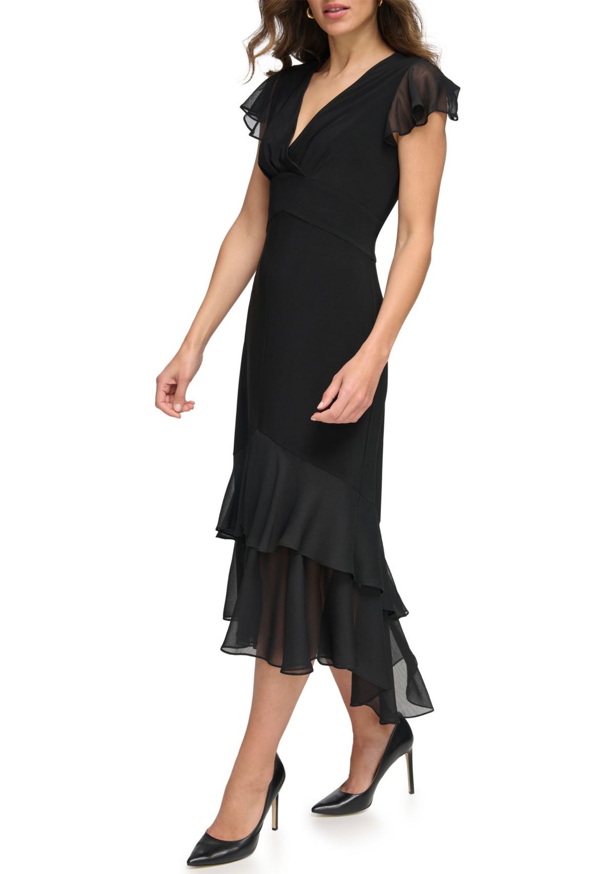 Womens Flutter Sleeve Solid A-Line Dress