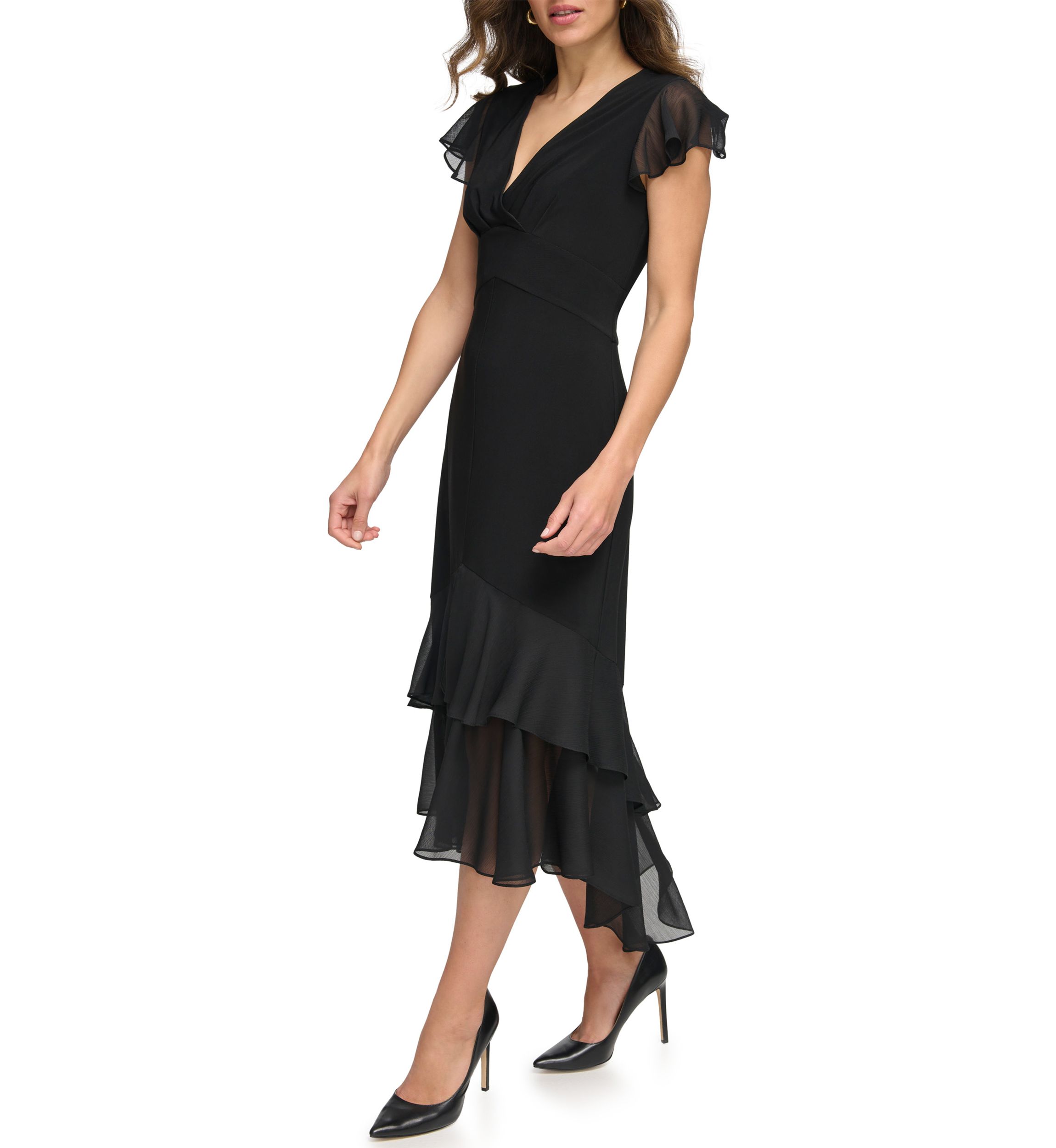 Womens Flutter Sleeve Solid A-Line Dress