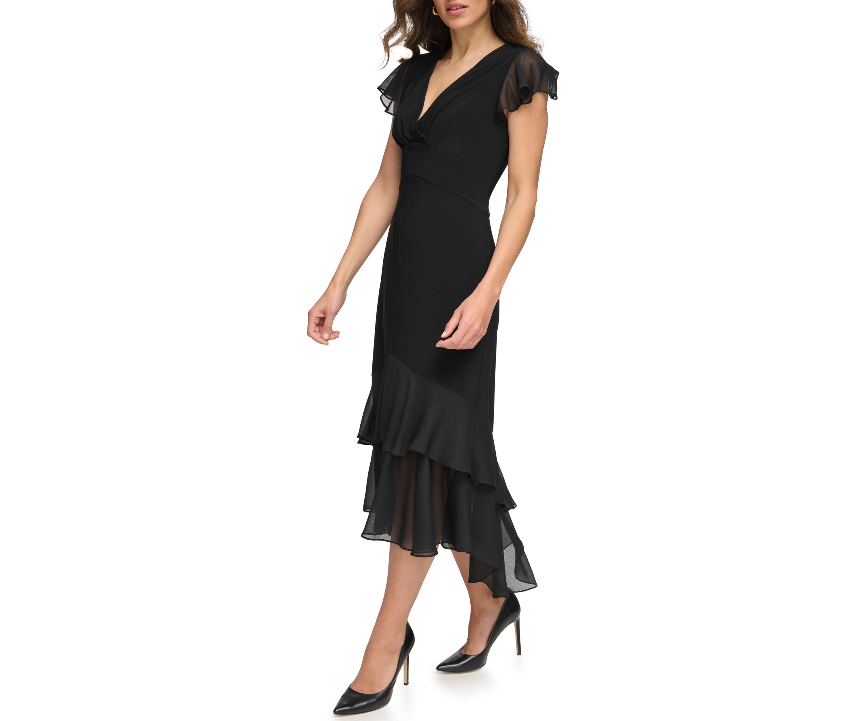 Womens Flutter Sleeve Solid A-Line Dress