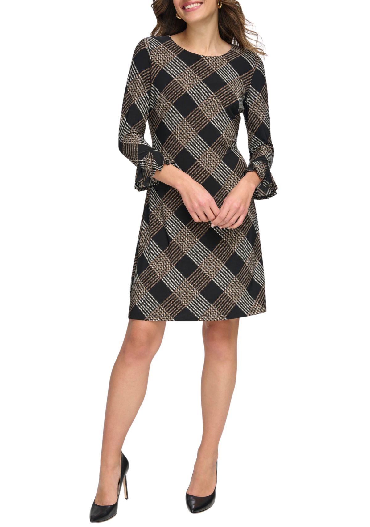 Womens Bell Sleeve Plaid Sheath Dress