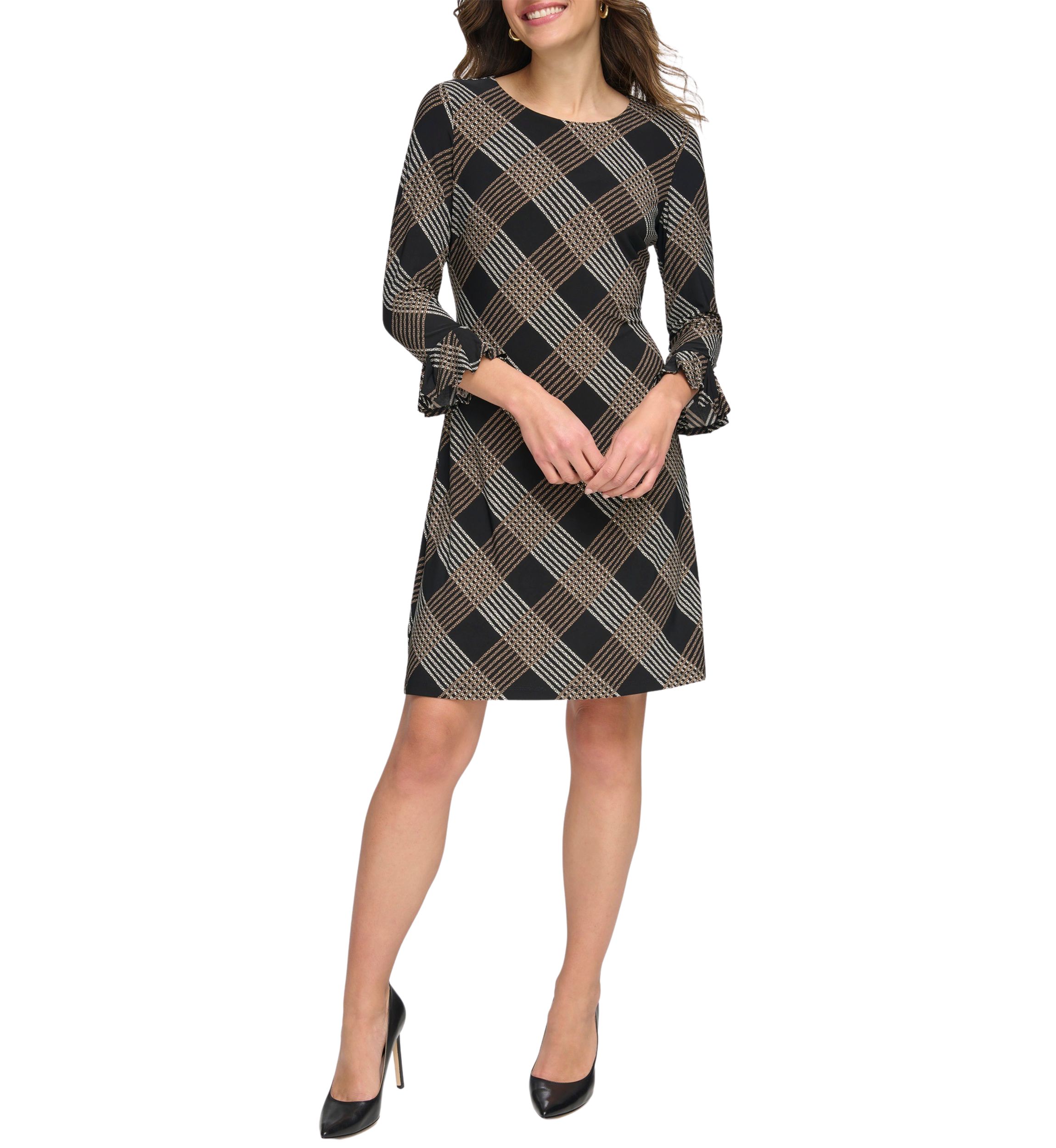 Womens Bell Sleeve Plaid Sheath Dress