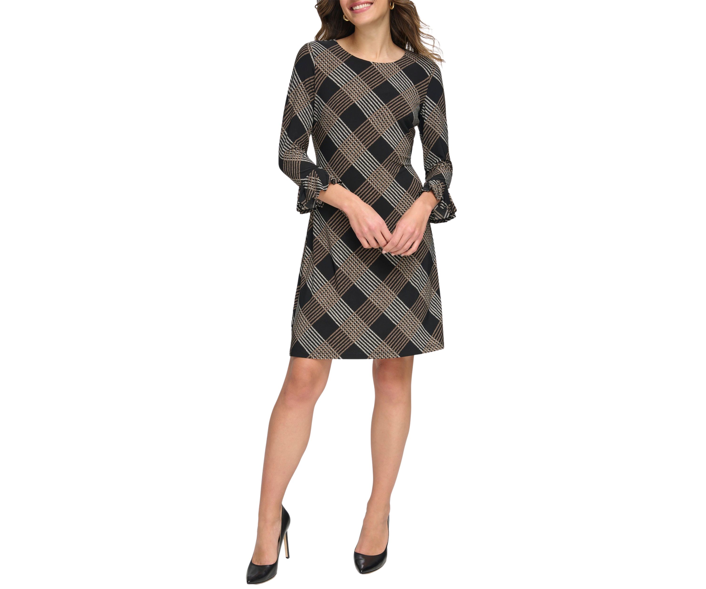 Womens Bell Sleeve Plaid Sheath Dress