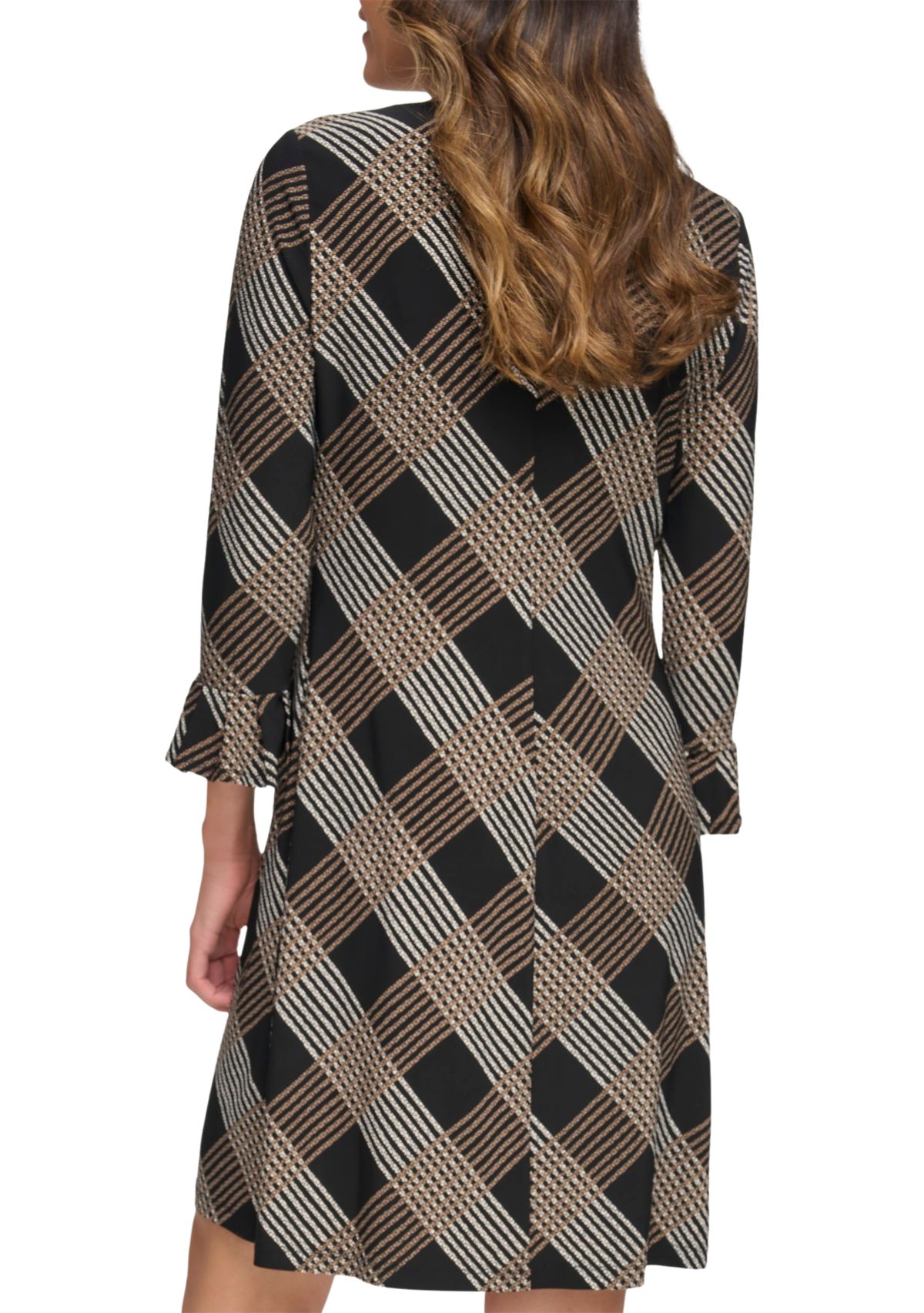 Womens Bell Sleeve Plaid Sheath Dress