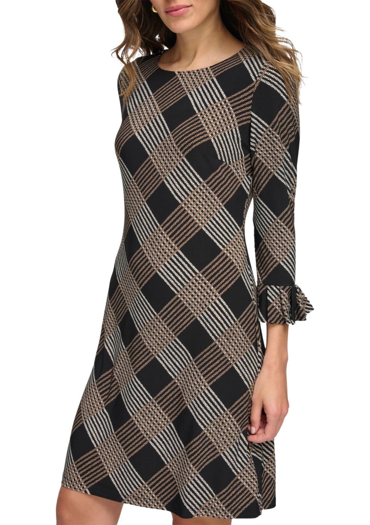 Womens Bell Sleeve Plaid Sheath Dress