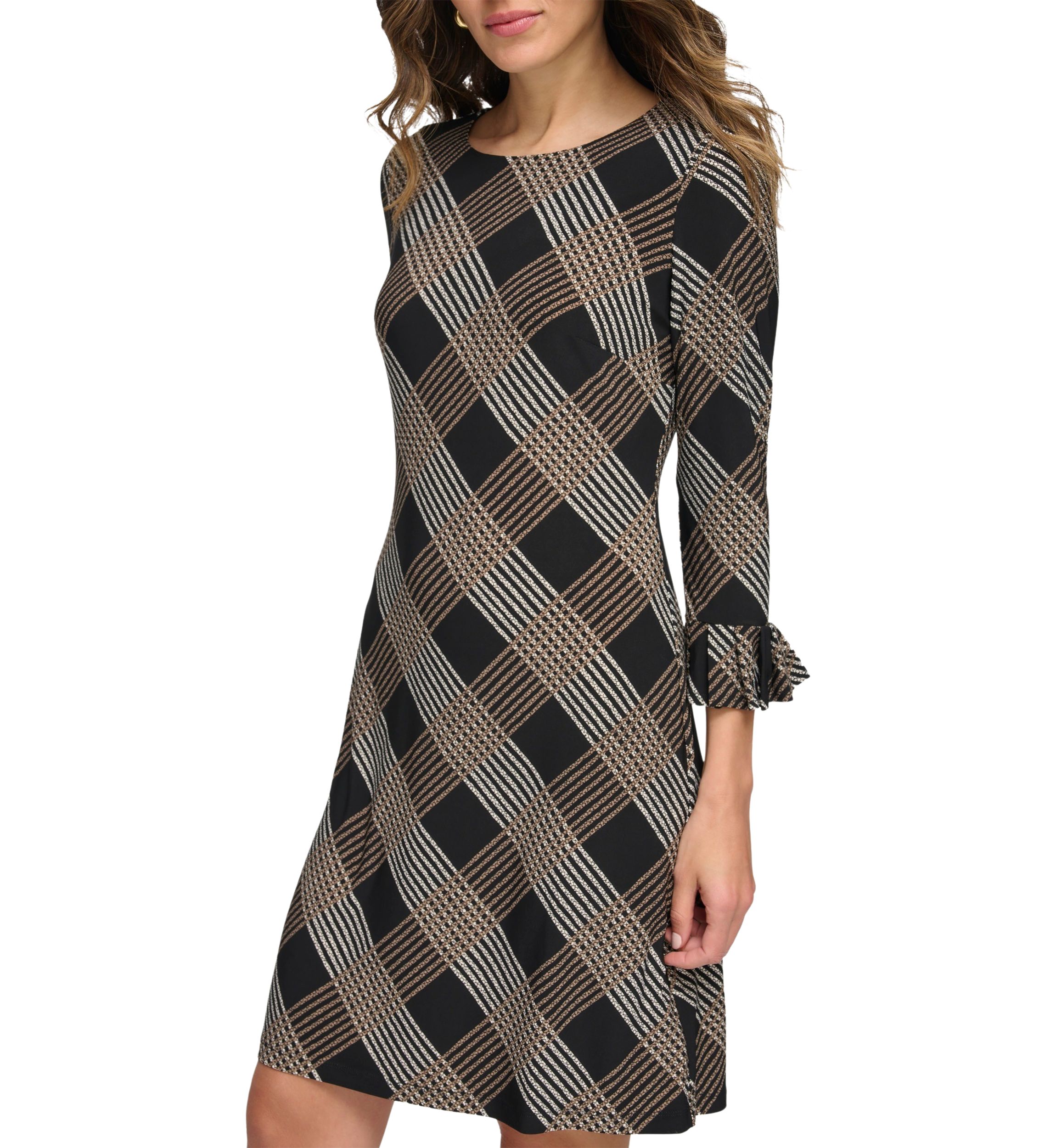 Womens Bell Sleeve Plaid Sheath Dress