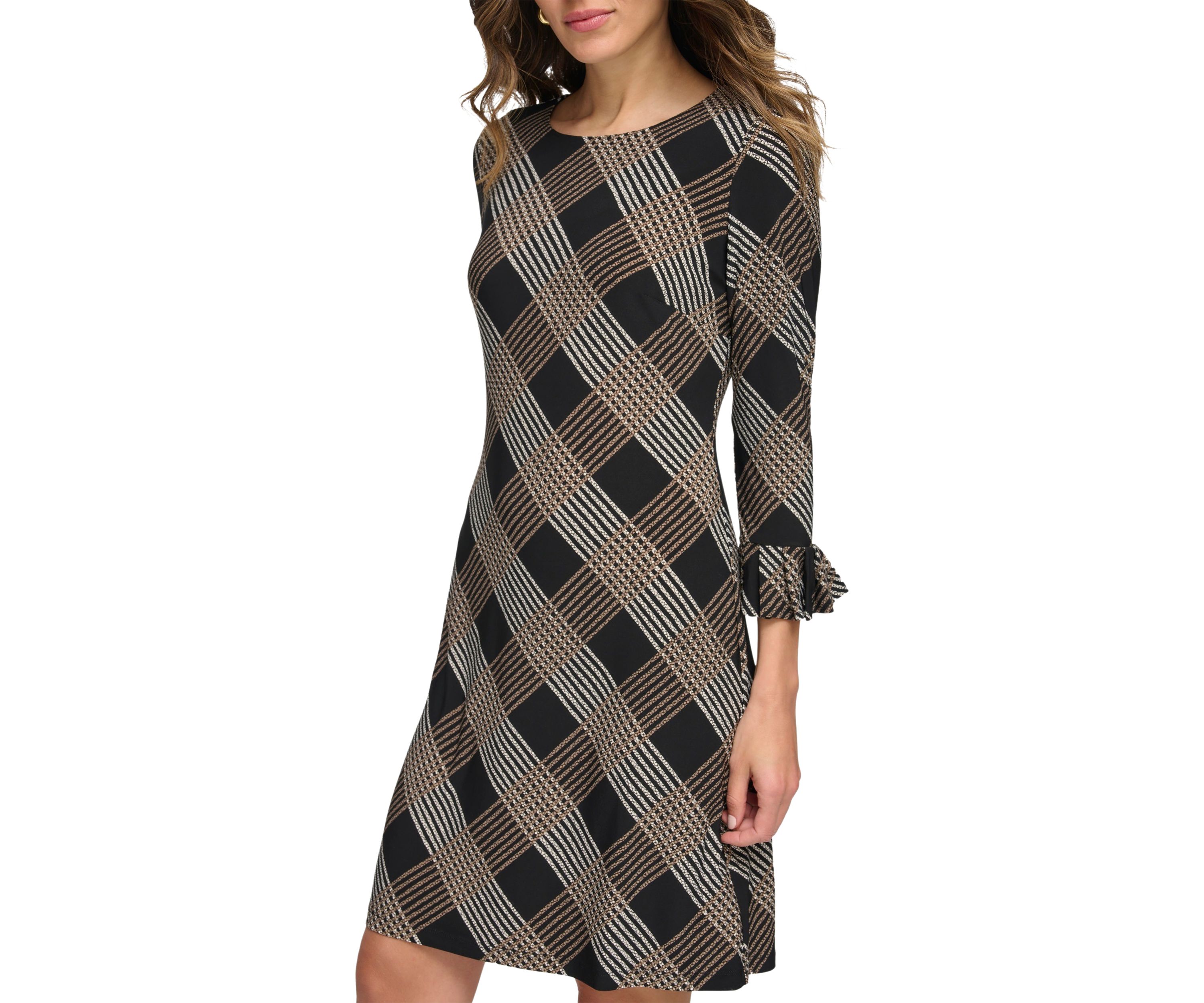 Womens Bell Sleeve Plaid Sheath Dress