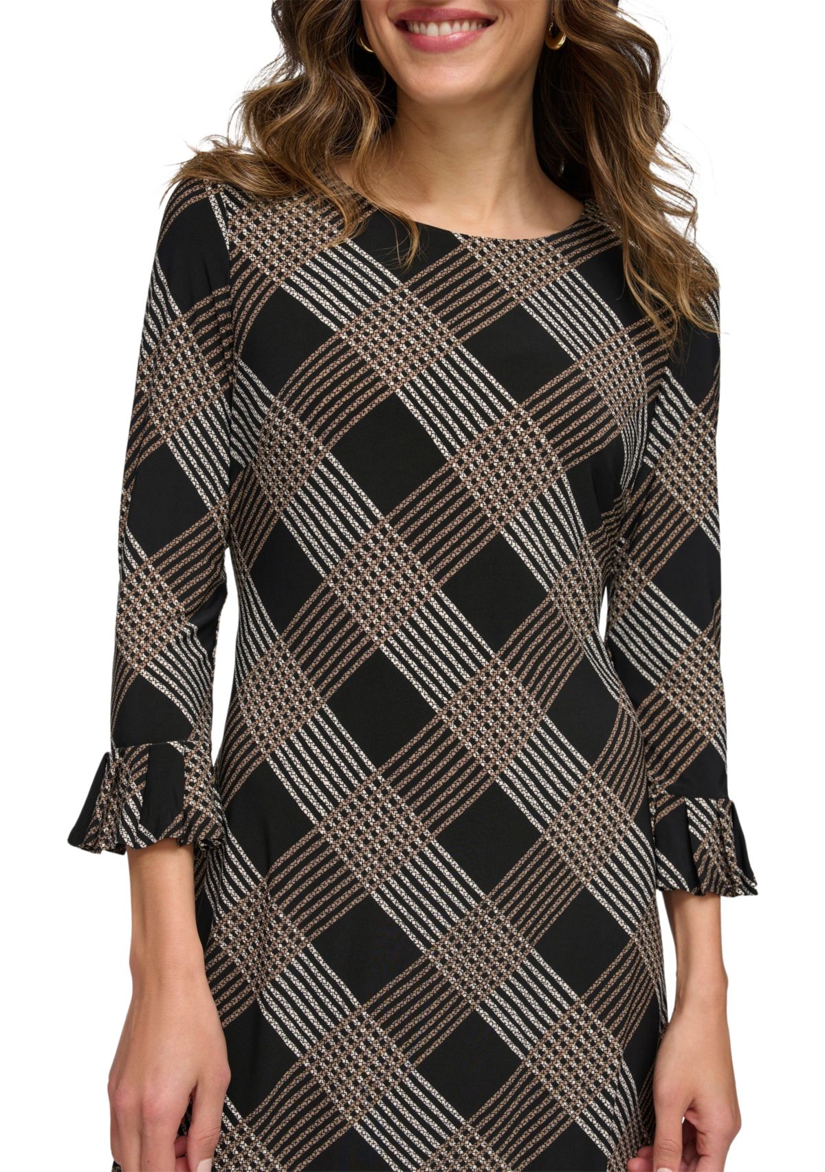 Womens Bell Sleeve Plaid Sheath Dress