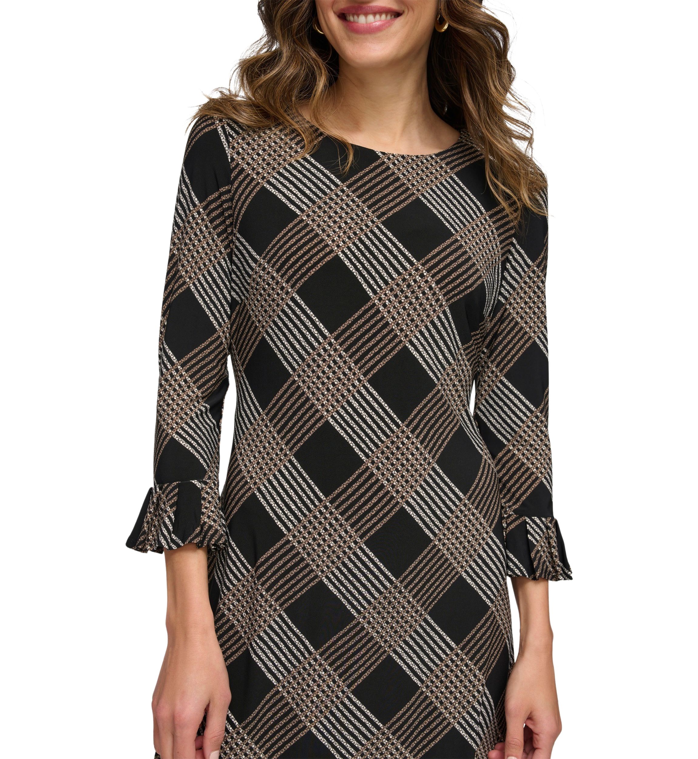 Womens Bell Sleeve Plaid Sheath Dress