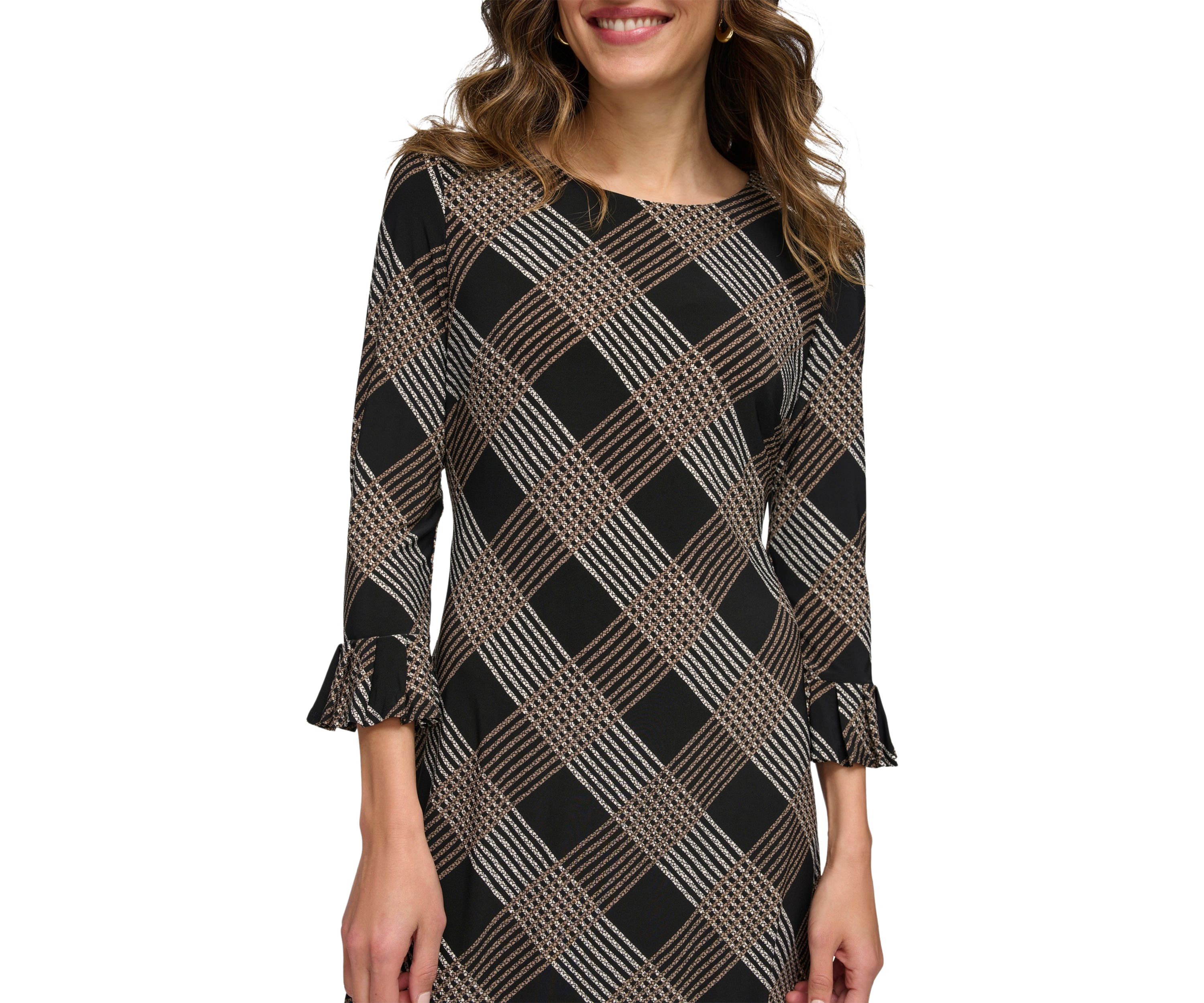 Womens Bell Sleeve Plaid Sheath Dress