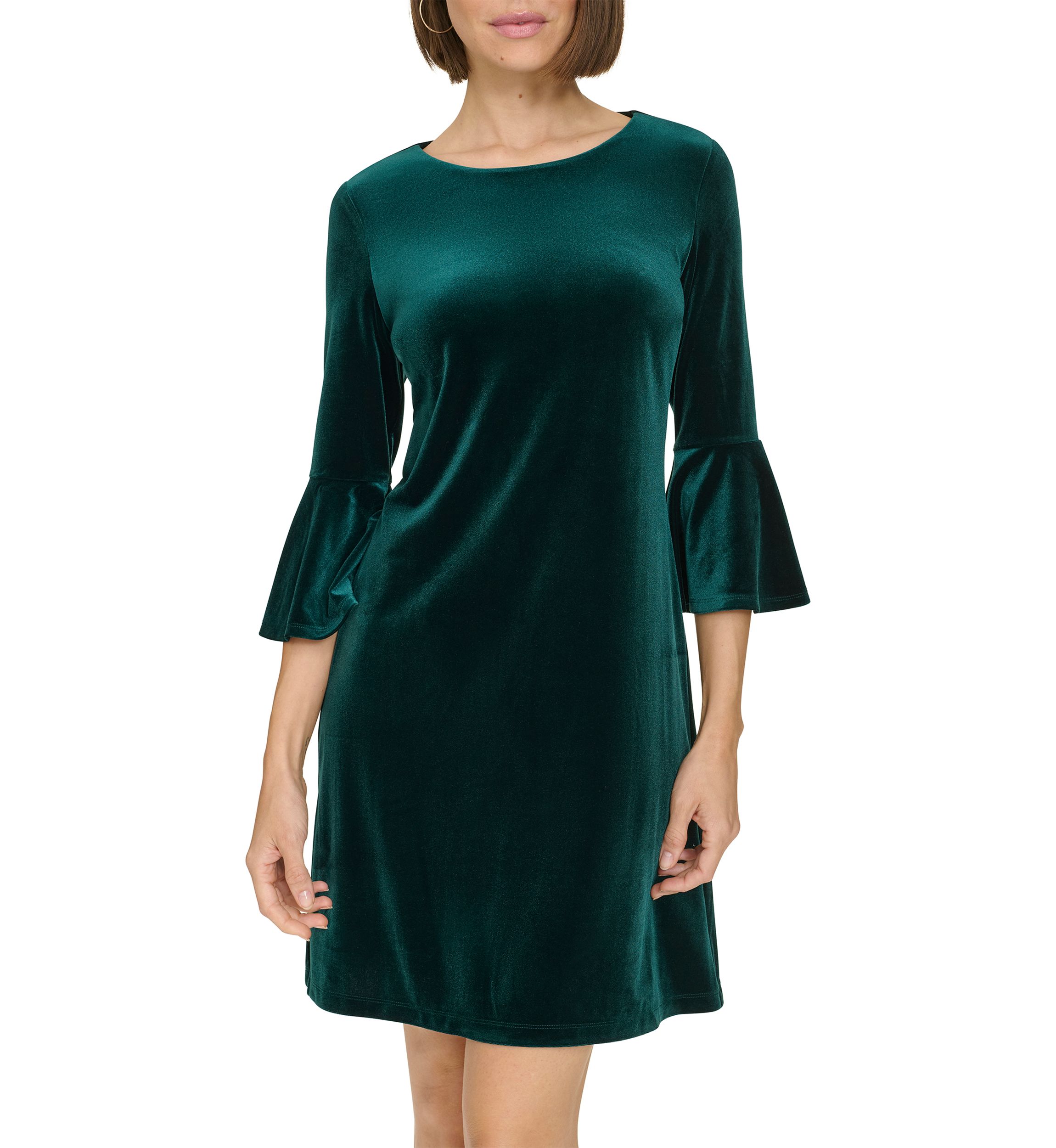 Womens Bell Sleeve Velvet Shift Dress