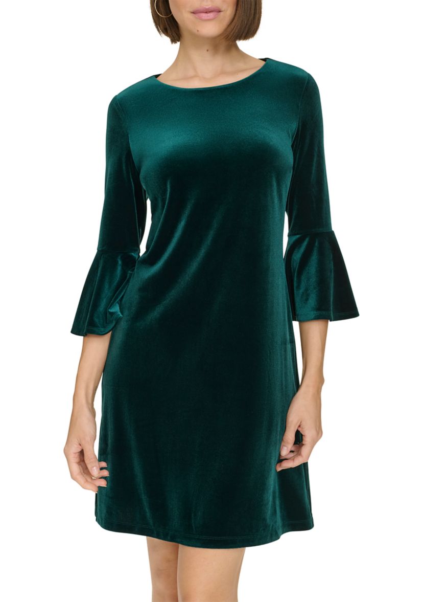 Womens Bell Sleeve Velvet Shift Dress