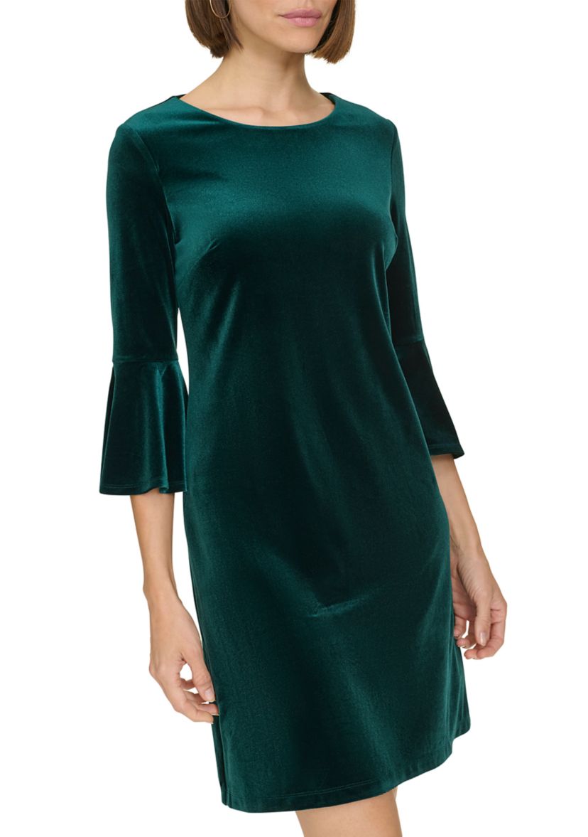 Womens Bell Sleeve Velvet Shift Dress