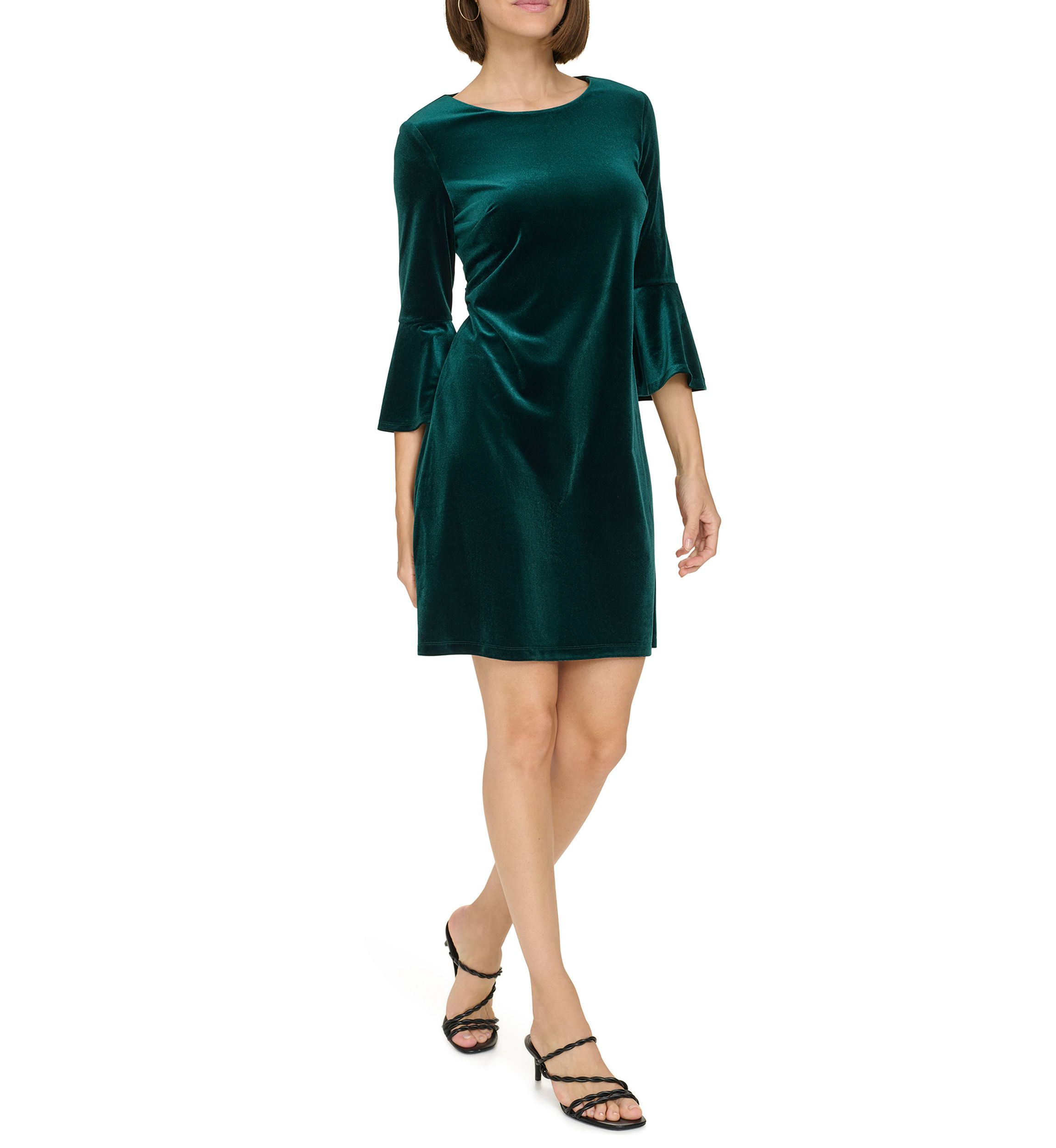 Womens Bell Sleeve Velvet Shift Dress