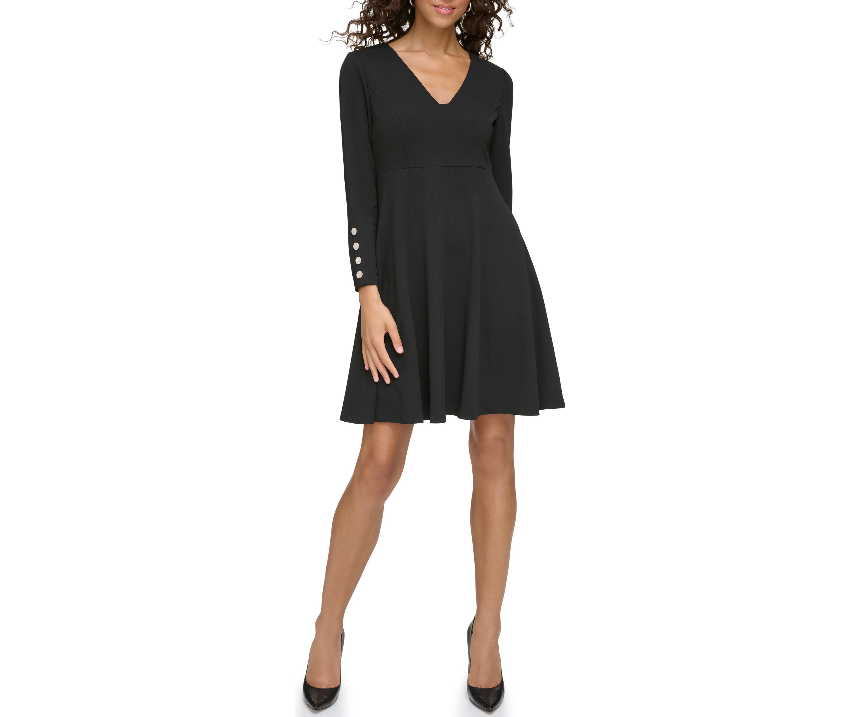 Womens Long Sleeve V-Neck Button Detail Dress