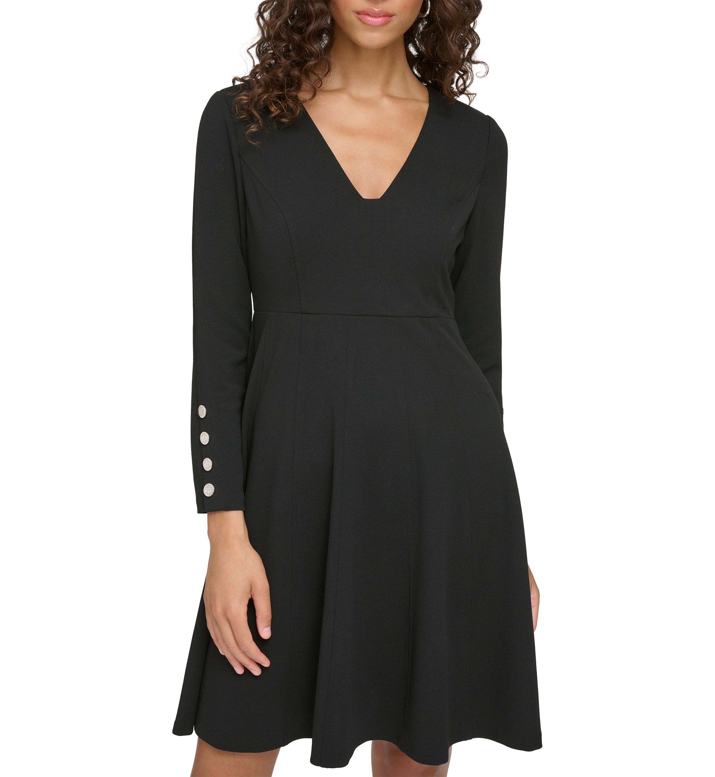 Womens Long Sleeve V-Neck Button Detail Dress
