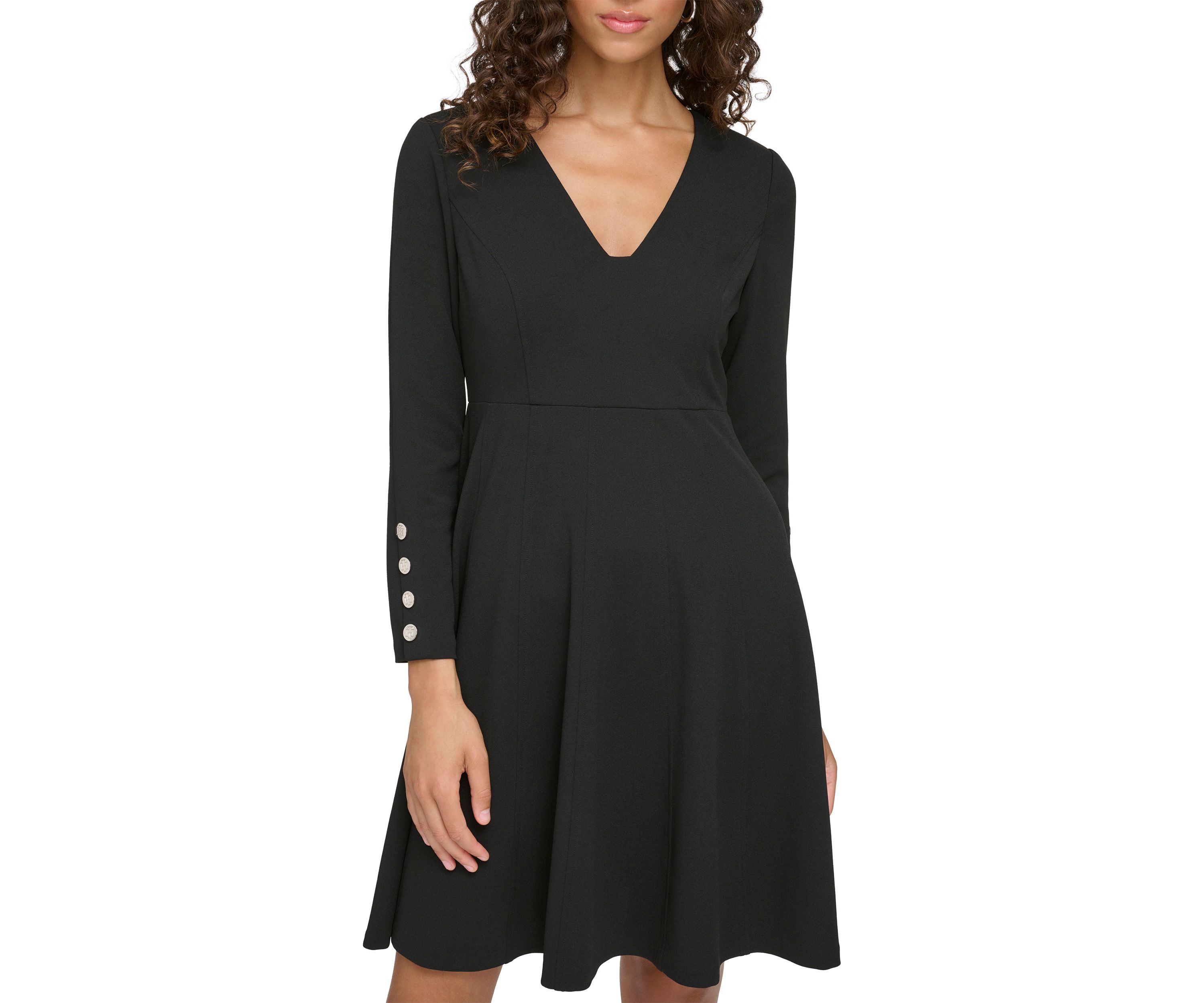 Womens Long Sleeve V-Neck Button Detail Dress