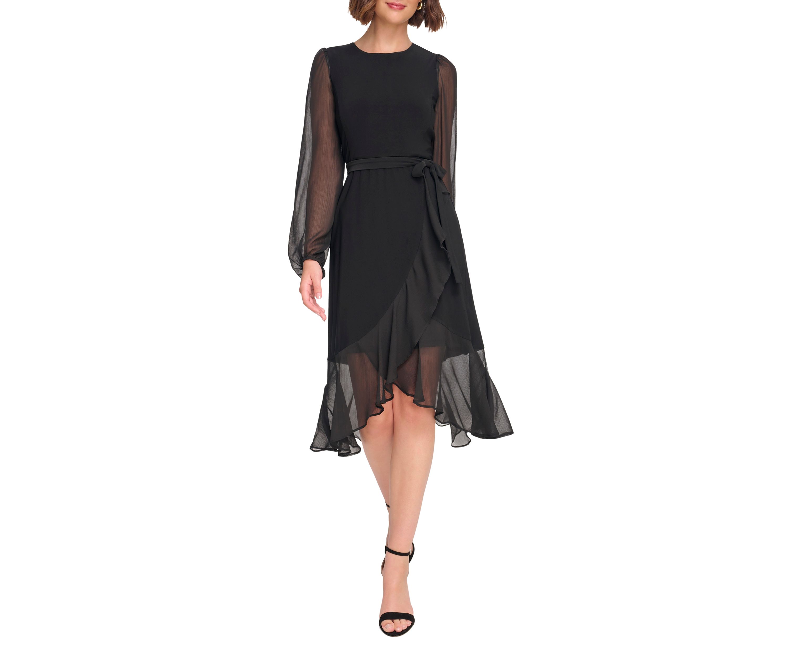 Womens Long Sleeve Self Tie Flounce Hem Midi Dress