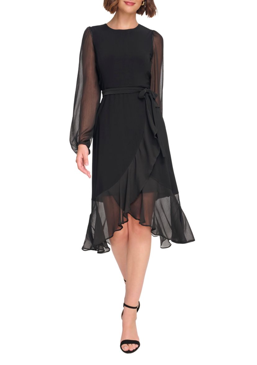Womens Long Sleeve Self Tie Flounce Hem Midi Dress