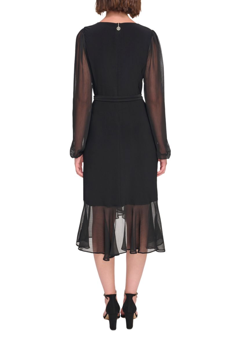 Womens Long Sleeve Self Tie Flounce Hem Midi Dress