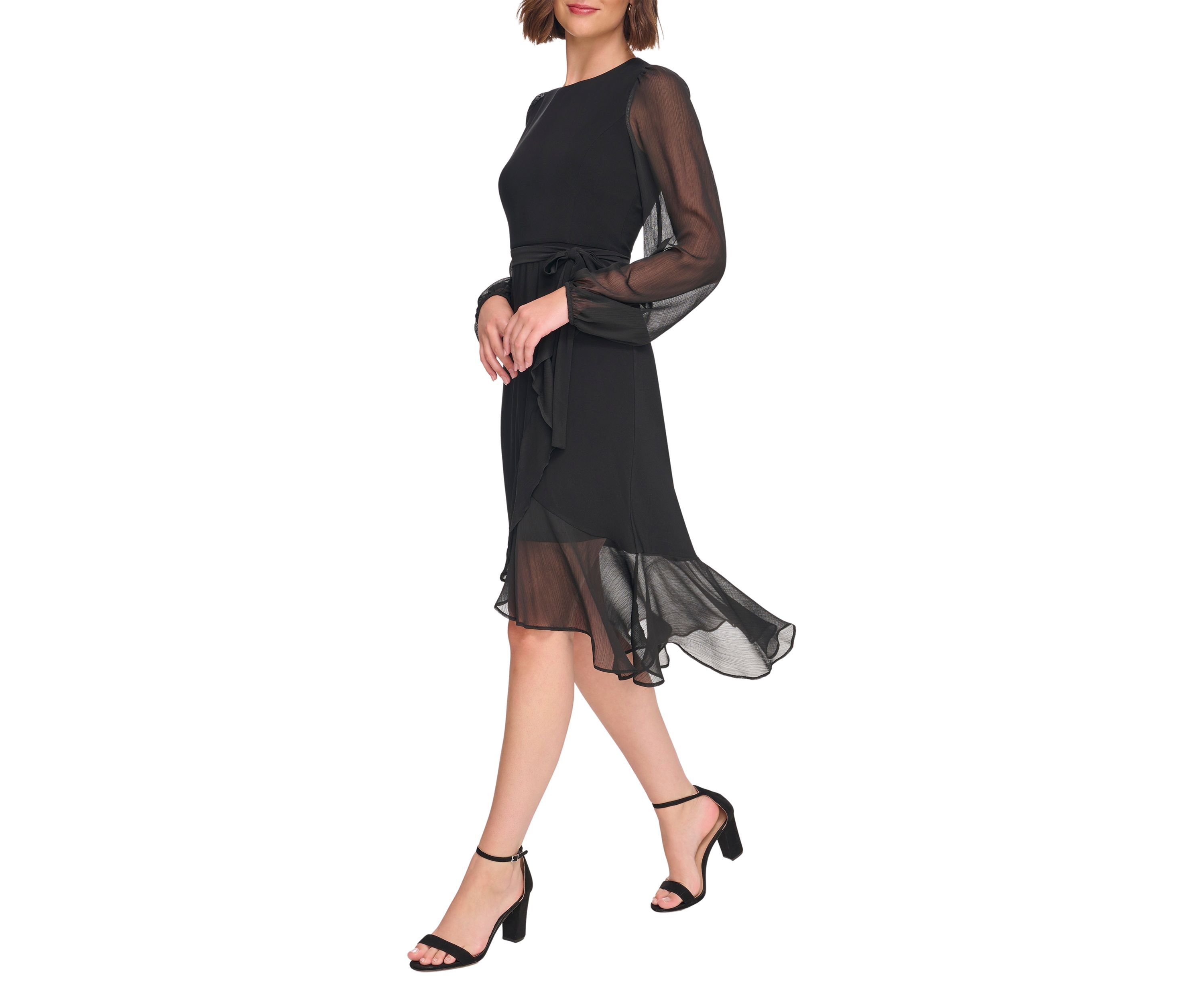 Womens Long Sleeve Self Tie Flounce Hem Midi Dress