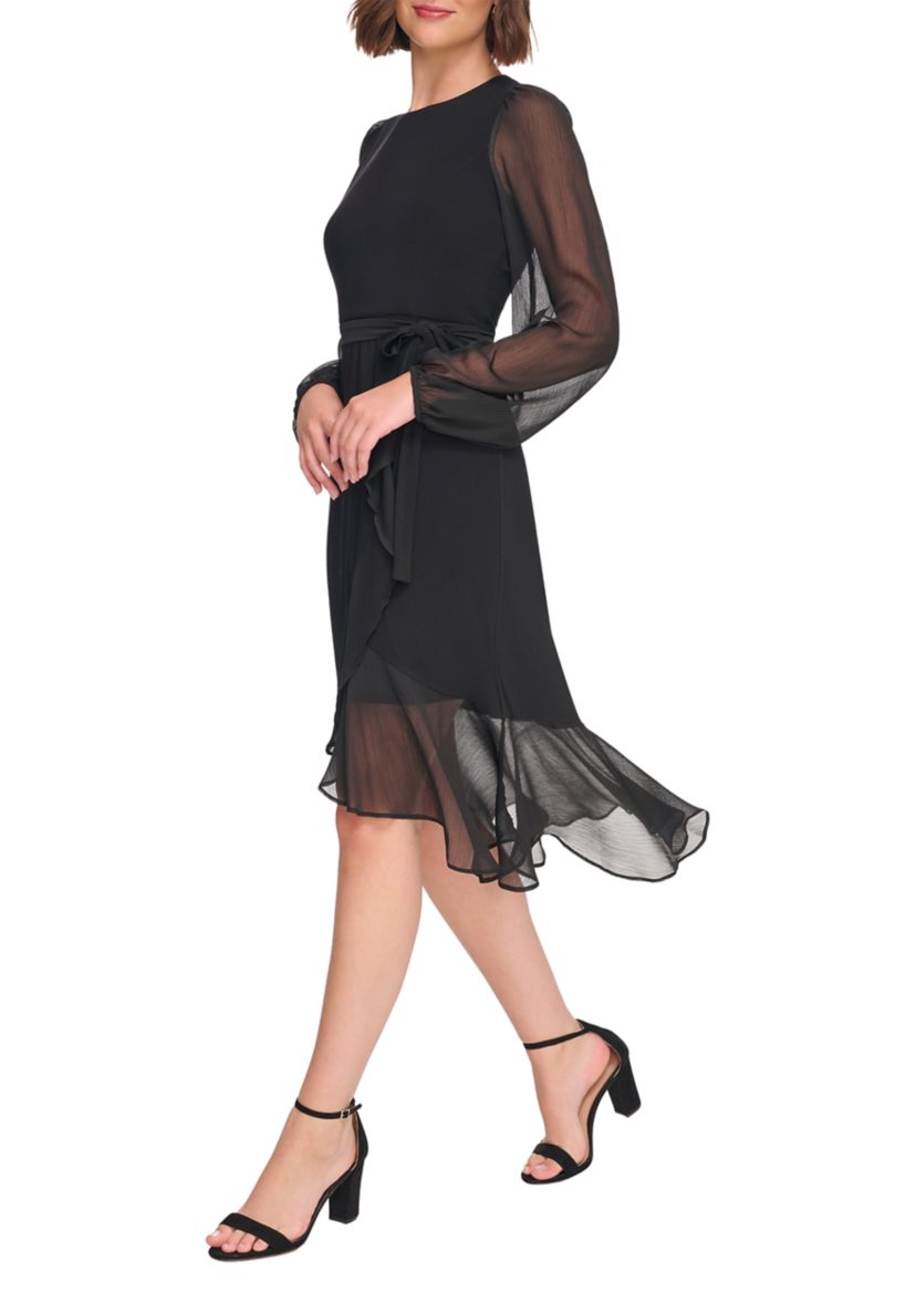 Womens Long Sleeve Self Tie Flounce Hem Midi Dress