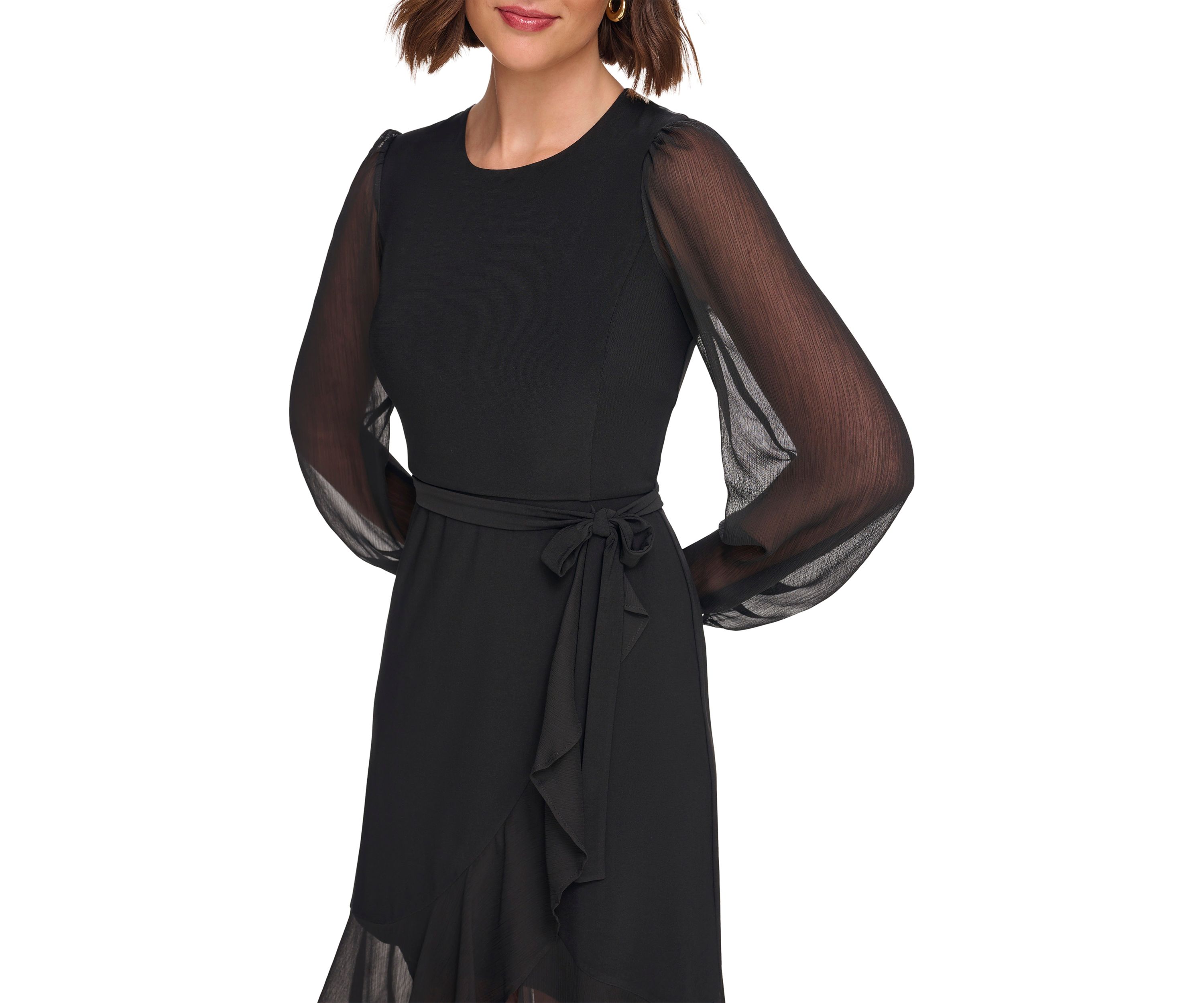 Womens Long Sleeve Self Tie Flounce Hem Midi Dress