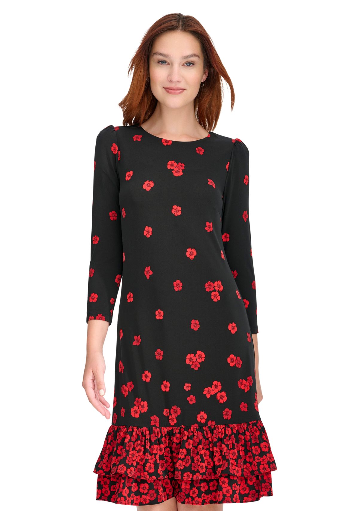 Womens 3/4 Sleeve Porcelain Border Ruffle Hem Shift Dress