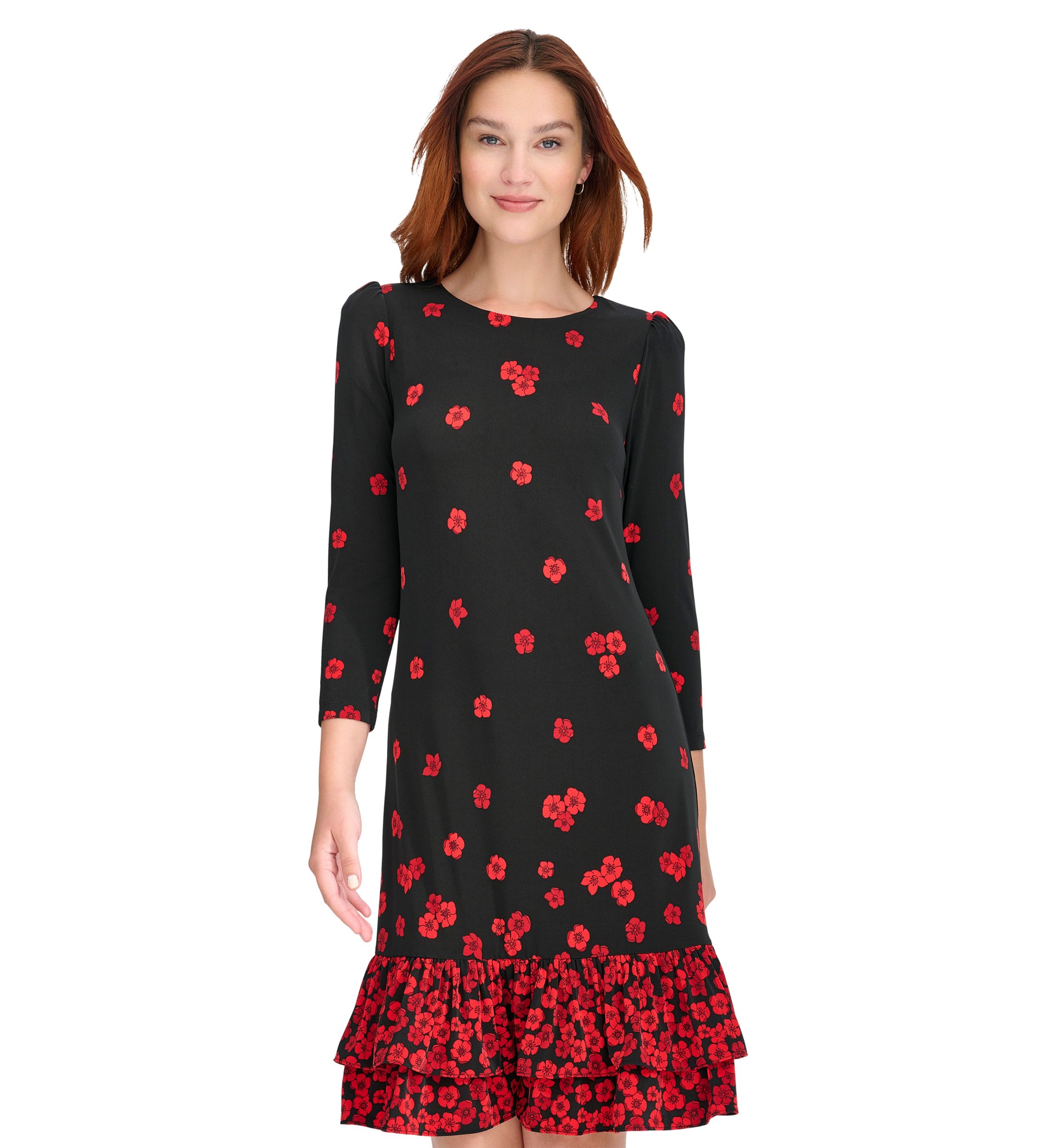 Womens 3/4 Sleeve Porcelain Border Ruffle Hem Shift Dress