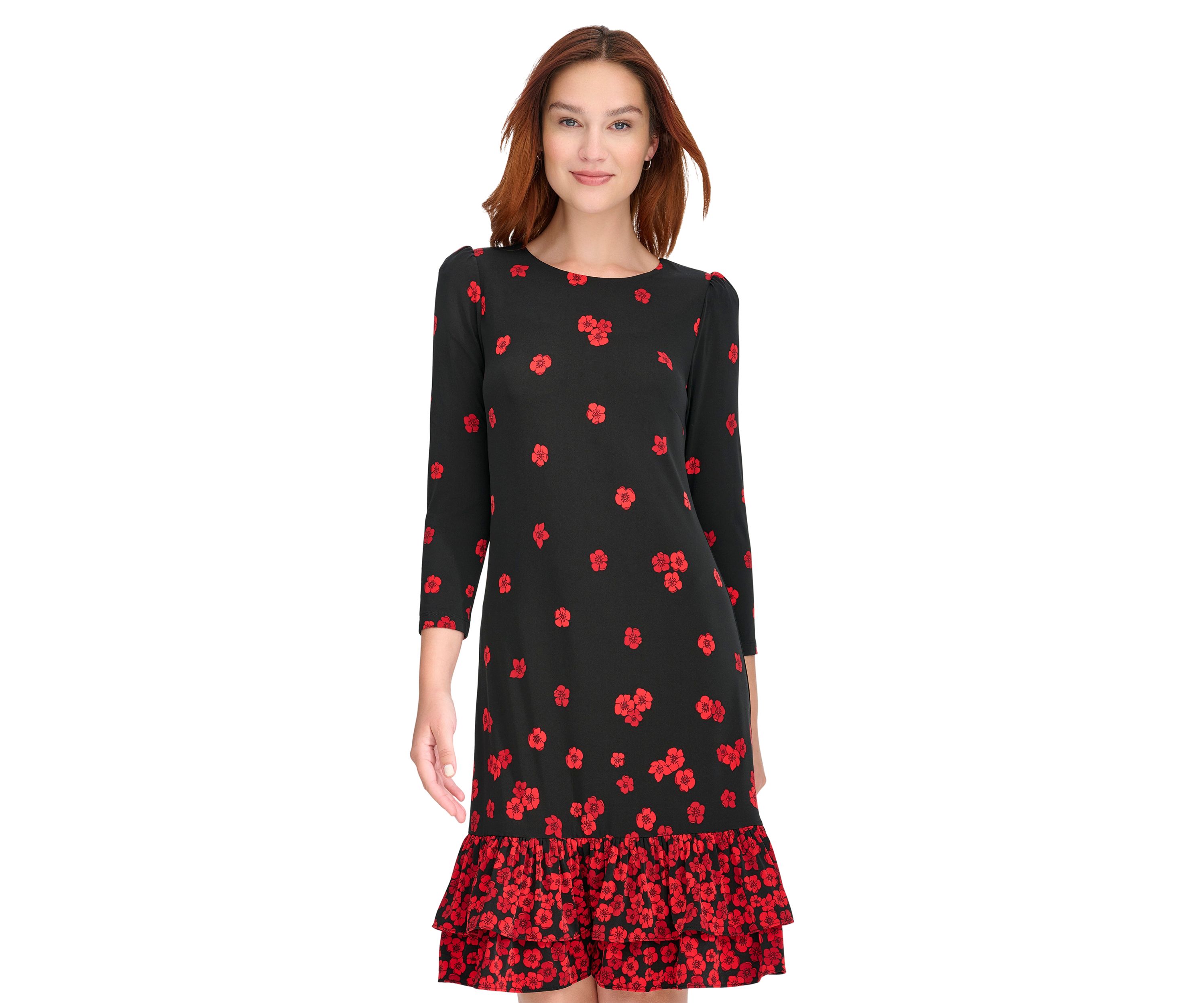 Womens 3/4 Sleeve Porcelain Border Ruffle Hem Shift Dress