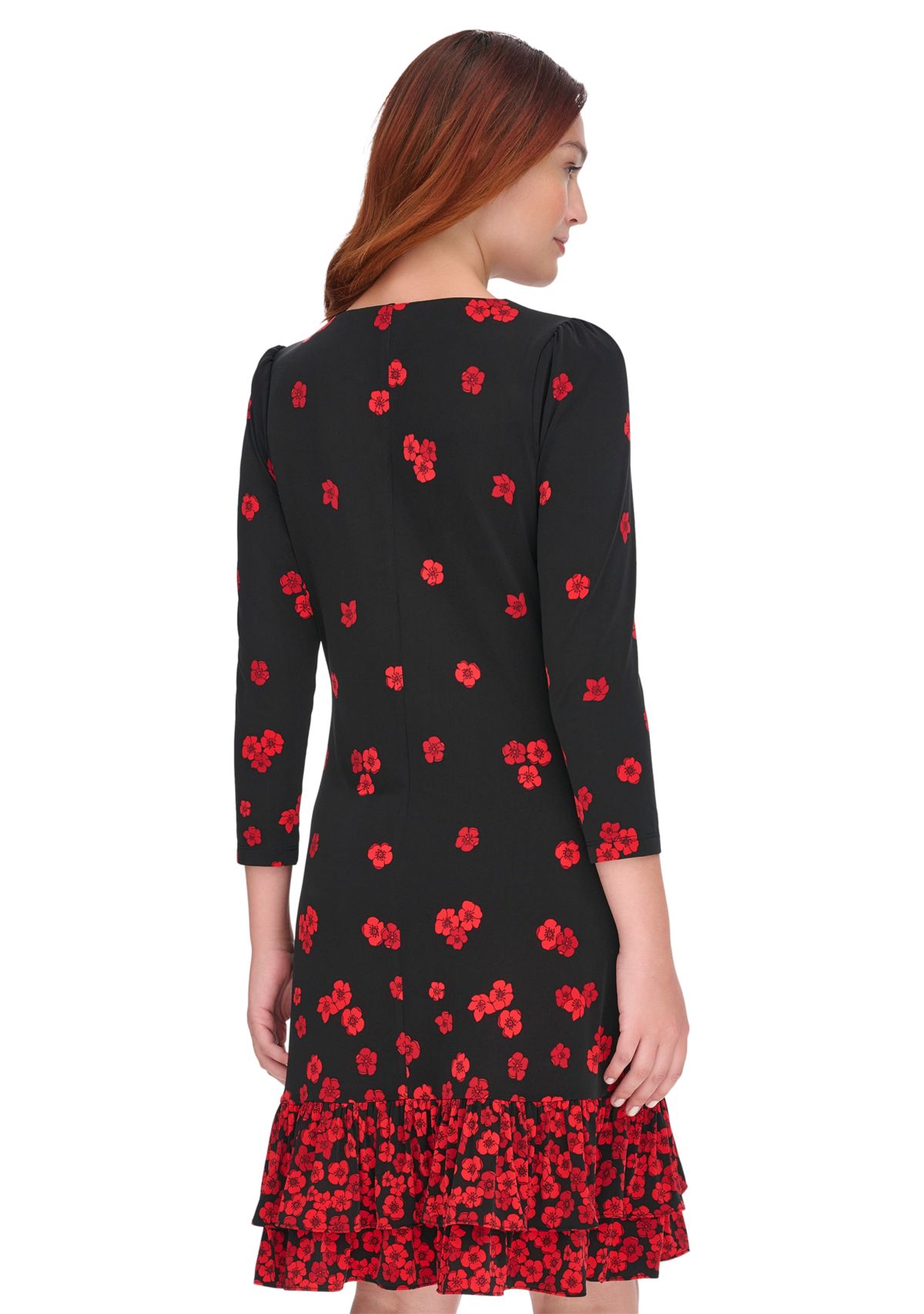 Womens 3/4 Sleeve Porcelain Border Ruffle Hem Shift Dress