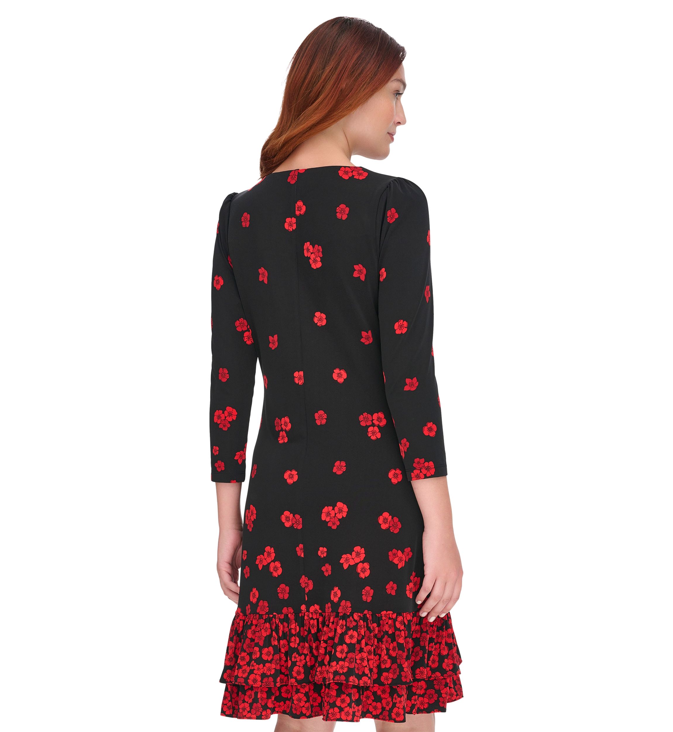 Womens 3/4 Sleeve Porcelain Border Ruffle Hem Shift Dress