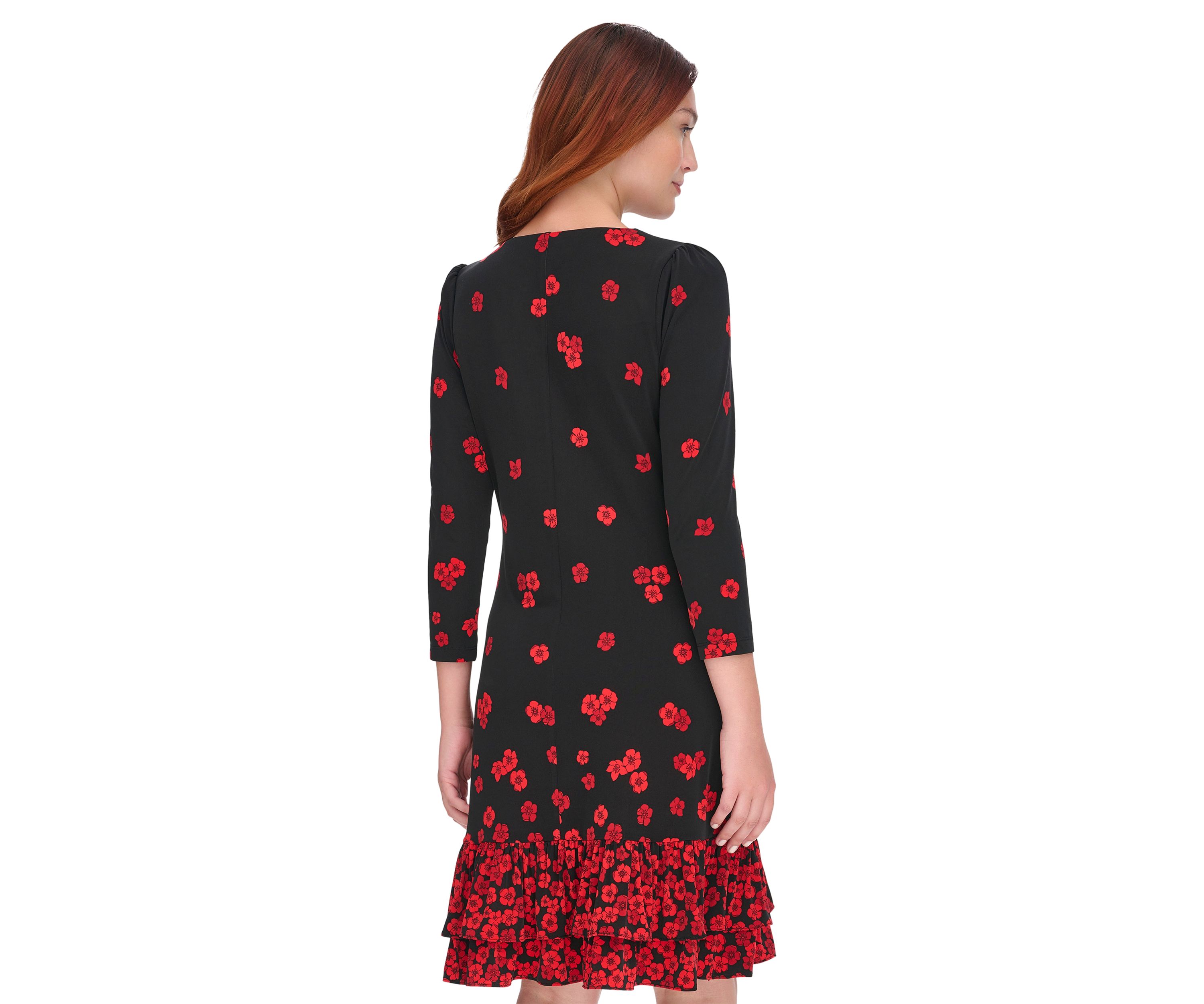 Womens 3/4 Sleeve Porcelain Border Ruffle Hem Shift Dress