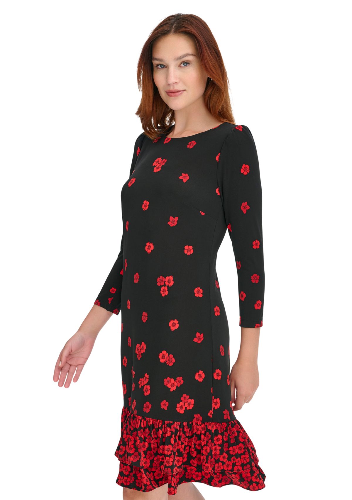 Womens 3/4 Sleeve Porcelain Border Ruffle Hem Shift Dress