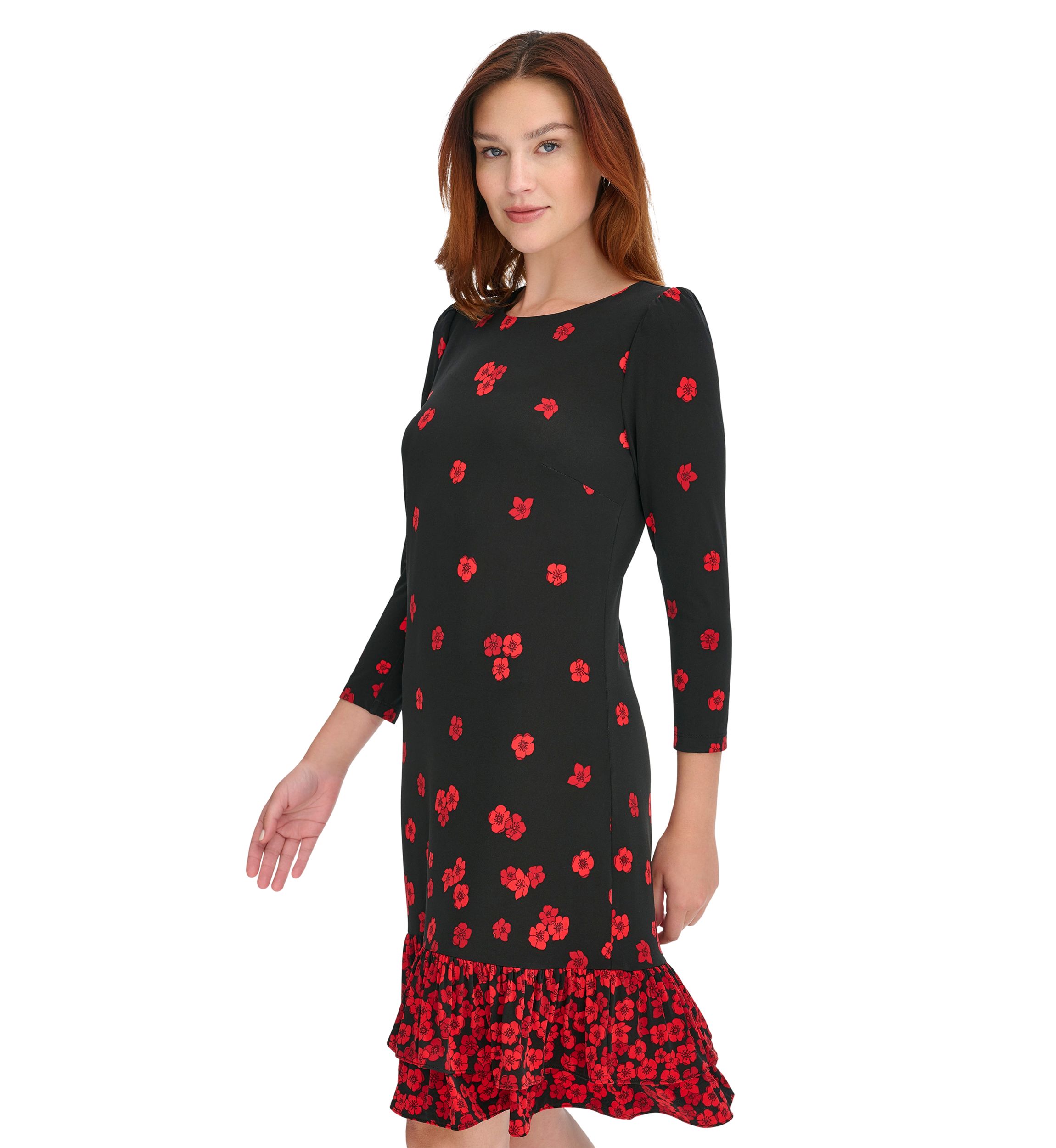 Womens 3/4 Sleeve Porcelain Border Ruffle Hem Shift Dress