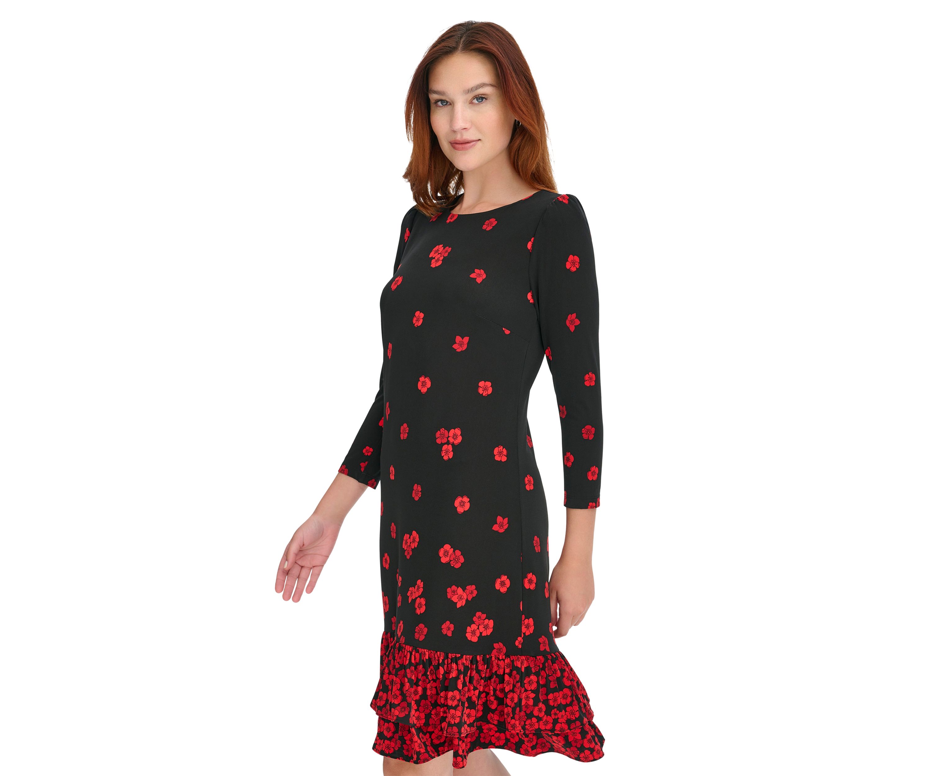 Womens 3/4 Sleeve Porcelain Border Ruffle Hem Shift Dress