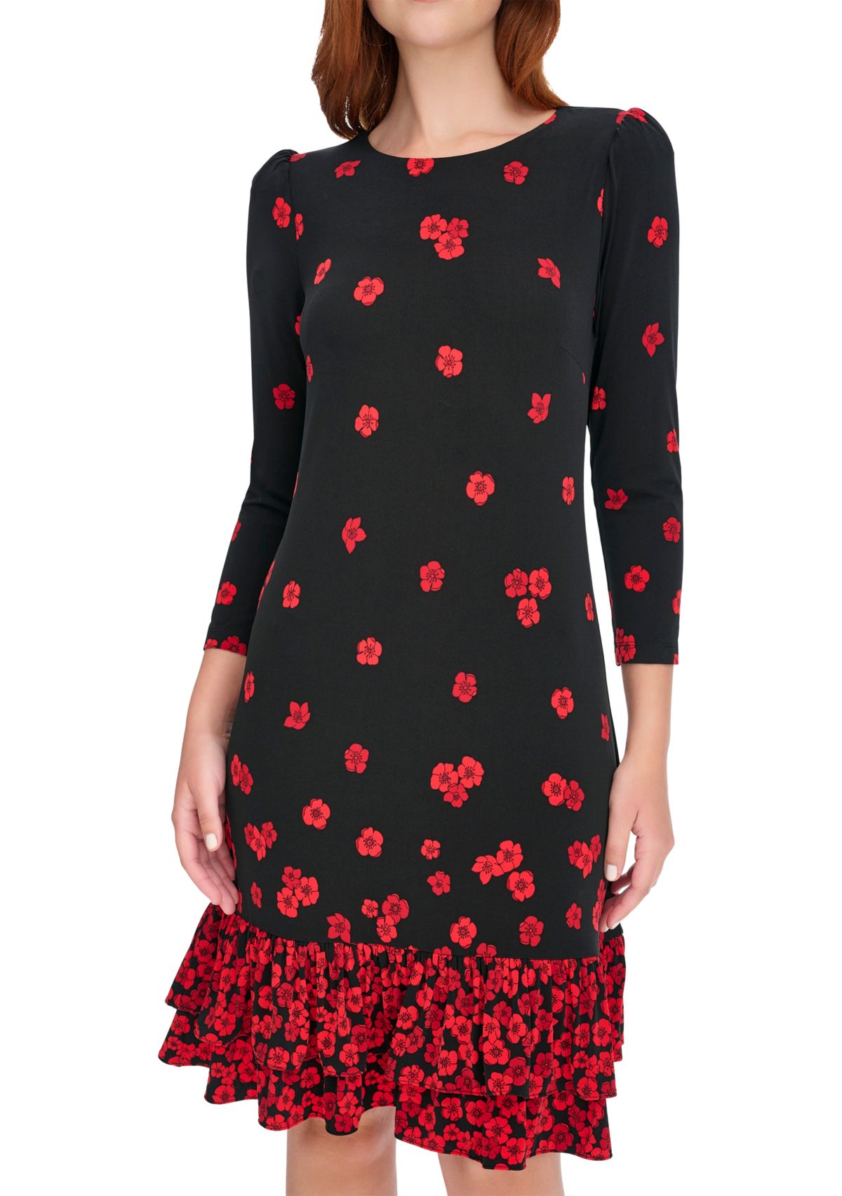 Womens 3/4 Sleeve Porcelain Border Ruffle Hem Shift Dress