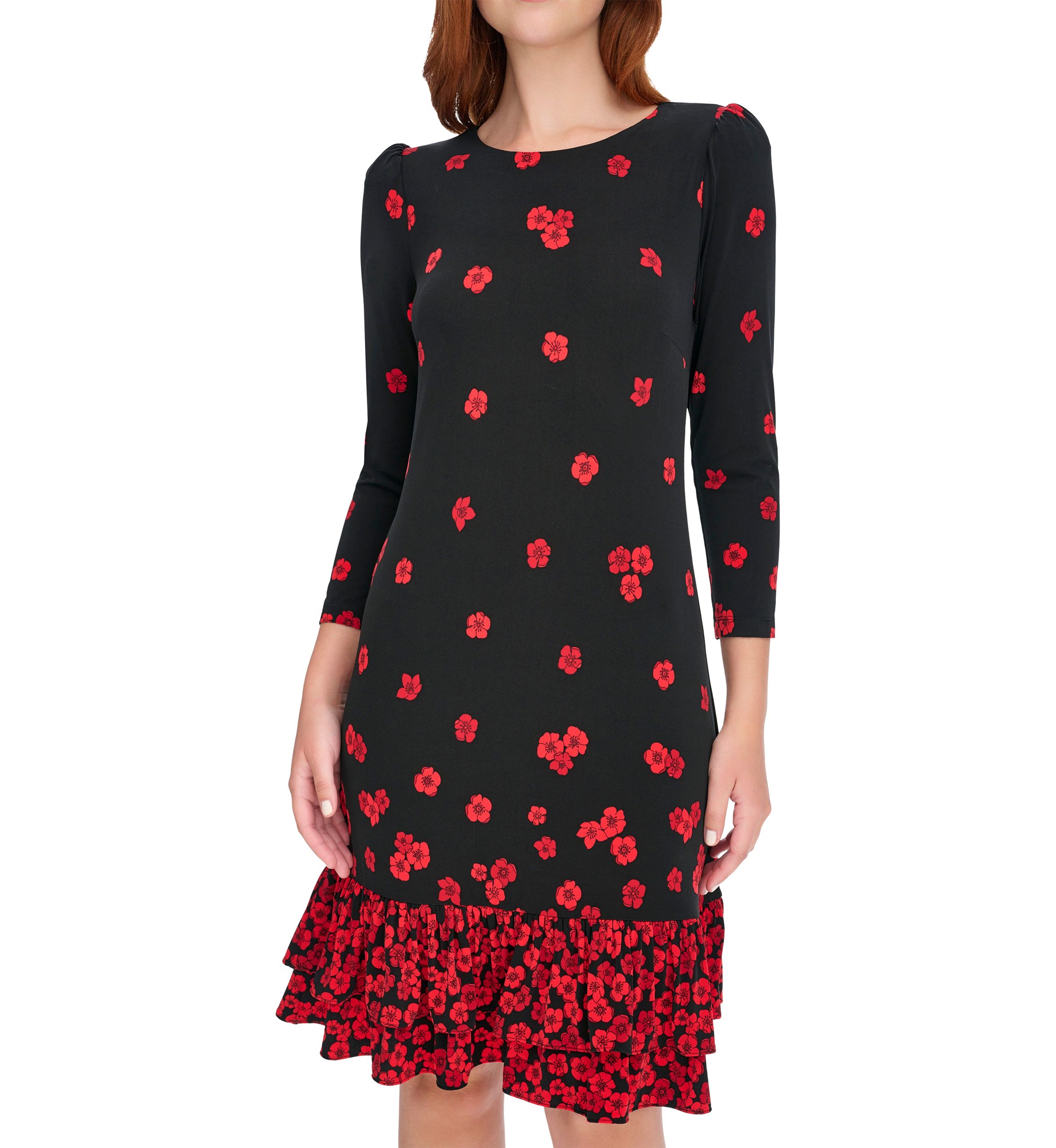 Womens 3/4 Sleeve Porcelain Border Ruffle Hem Shift Dress