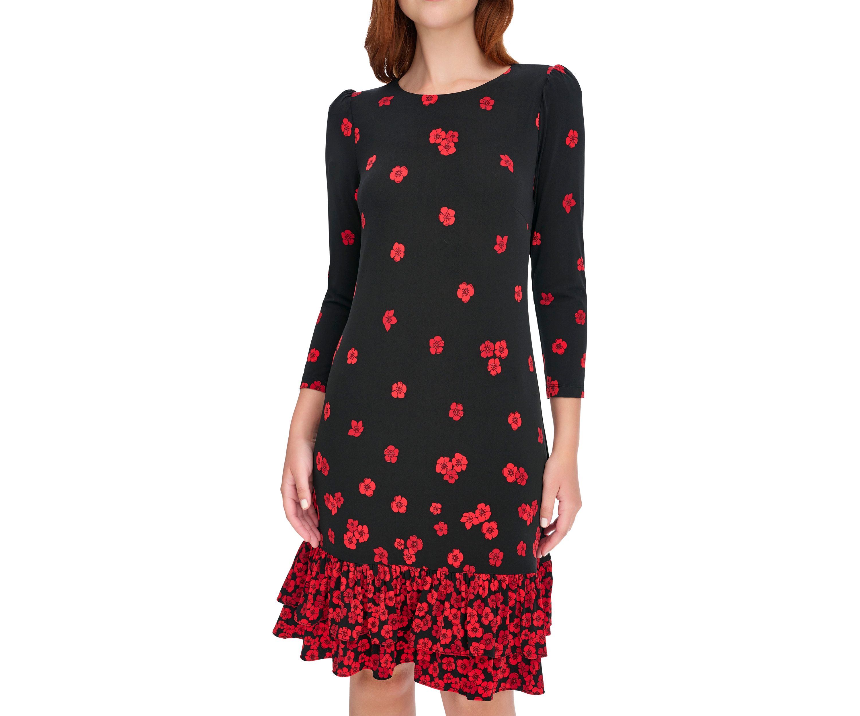 Womens 3/4 Sleeve Porcelain Border Ruffle Hem Shift Dress