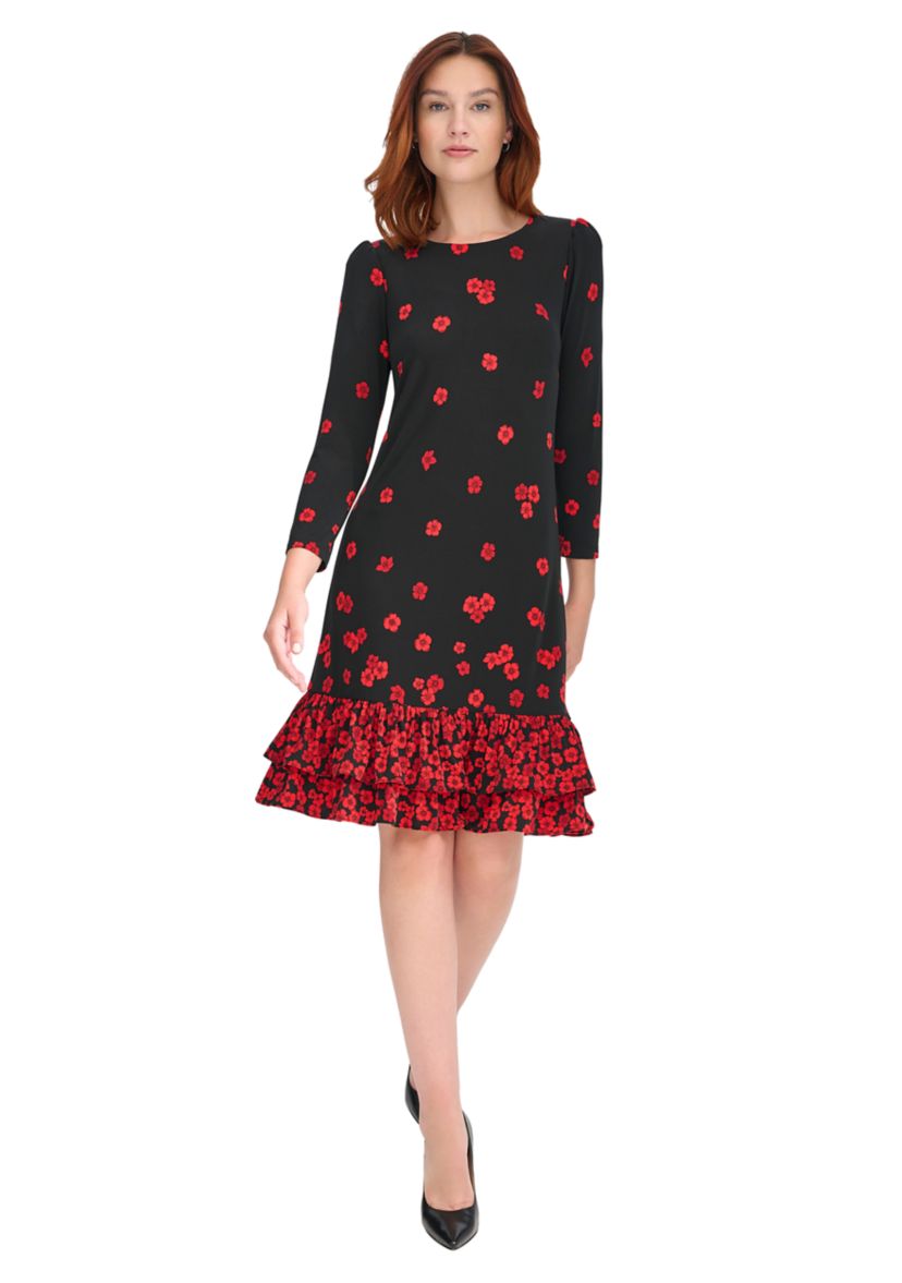 Womens 3/4 Sleeve Porcelain Border Ruffle Hem Shift Dress