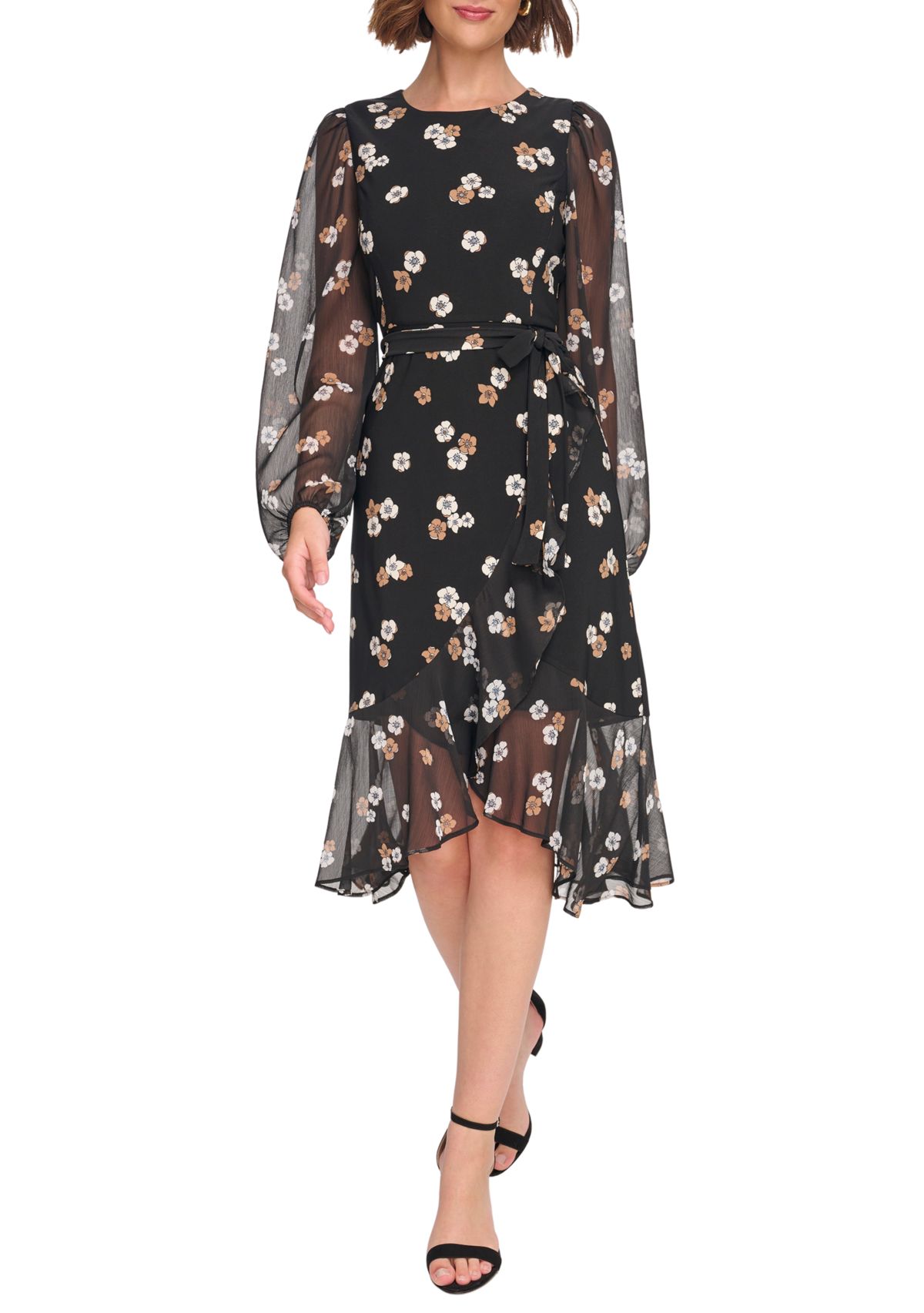 Womens Blouson Sleeve Floral Chiffon Fit and Flare Dress