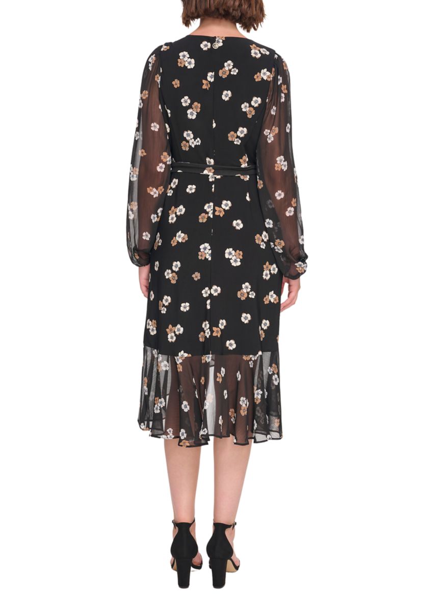 Womens Blouson Sleeve Floral Chiffon Fit and Flare Dress