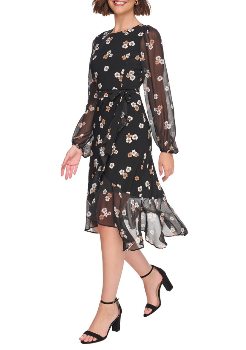 Womens Blouson Sleeve Floral Chiffon Fit and Flare Dress